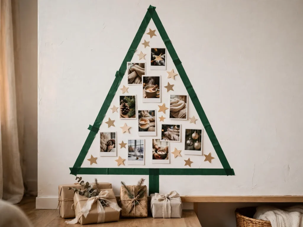 washi tape christmas tree outline on a white apartment wall with paper stars and photos