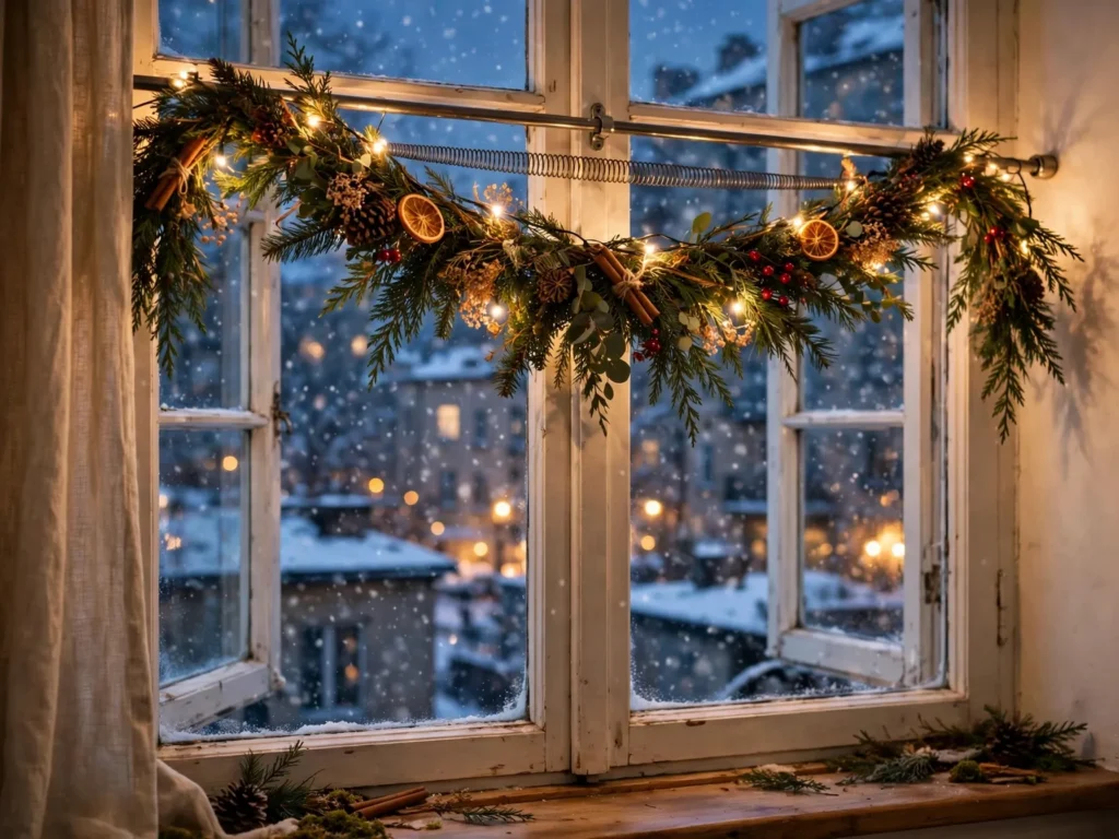 christmas garland draped over a tension rod inside an apartment window frame with fairy lights