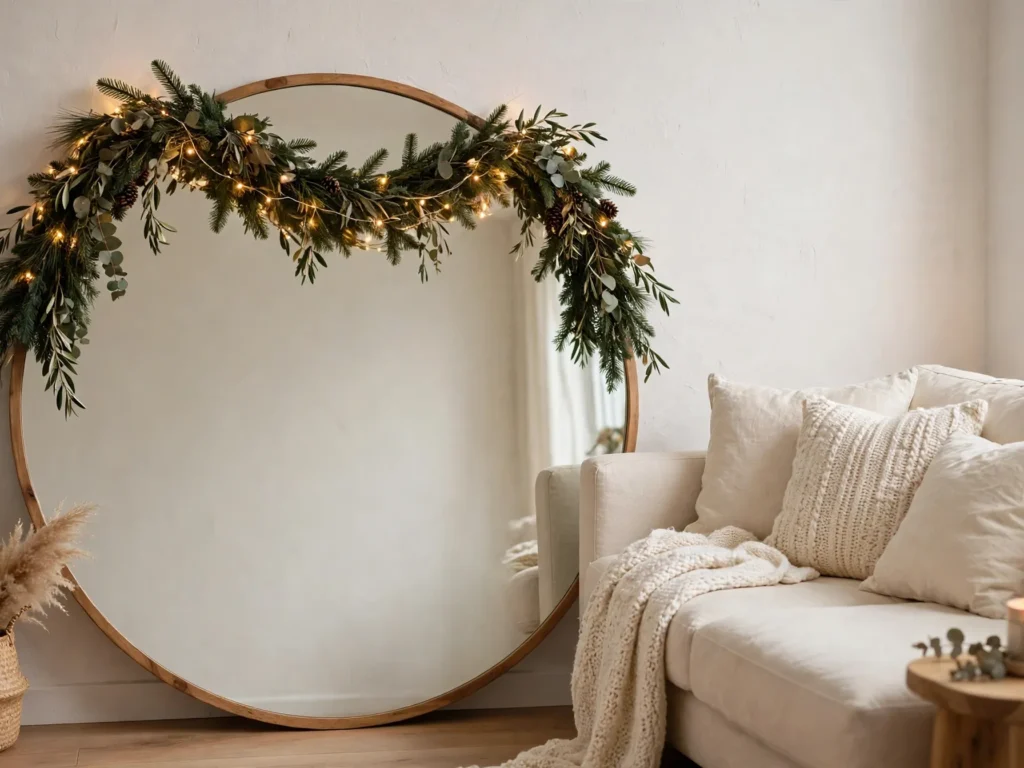 oversized mirror leaning against an apartment wall with an evergreen garland swag across the top