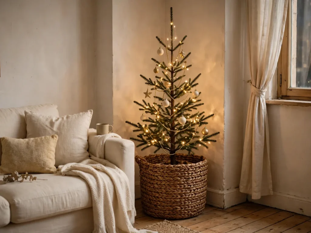 slim pencil christmas tree in a heavy woven basket in a rented apartment living room corner