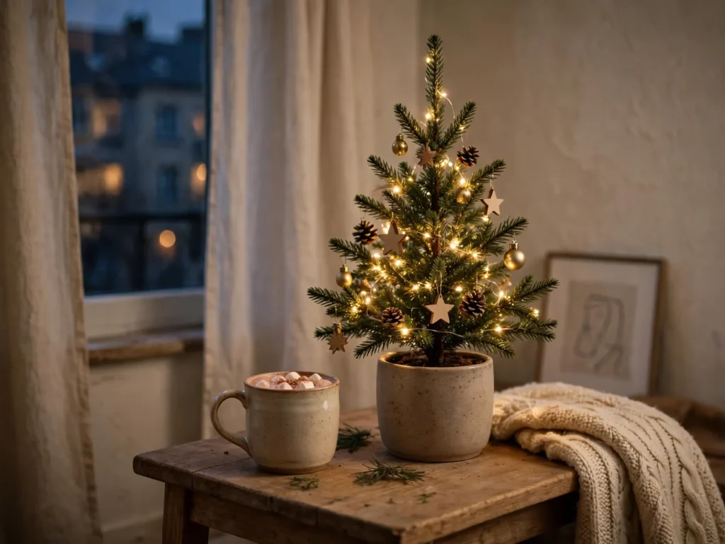 small tabletop christmas tree in a ceramic pot on a side table in a rented apartment