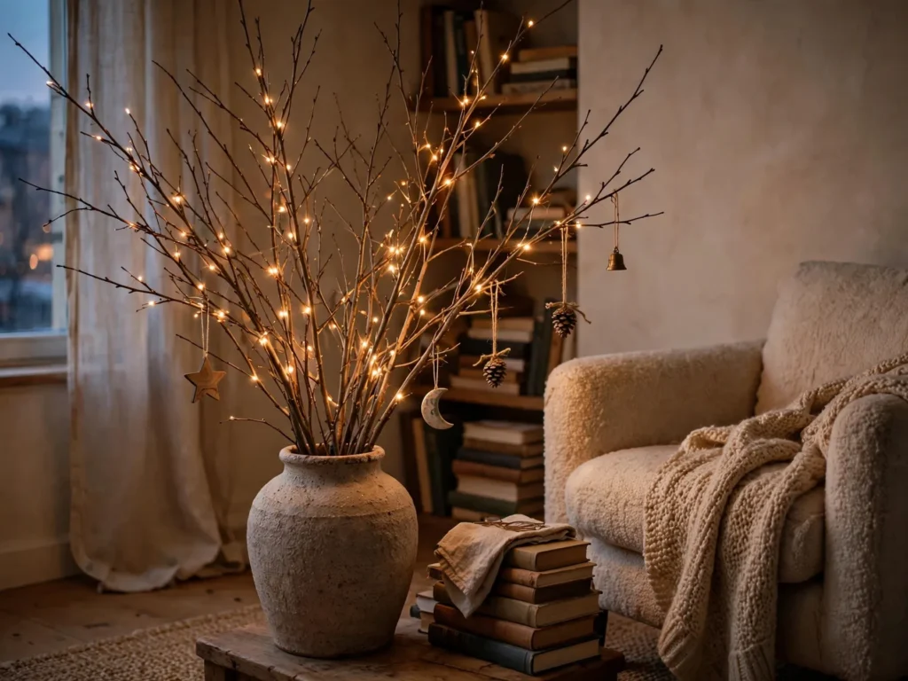 bare winter branches with fairy lights in a heavy ceramic vase in a rented apartment corner