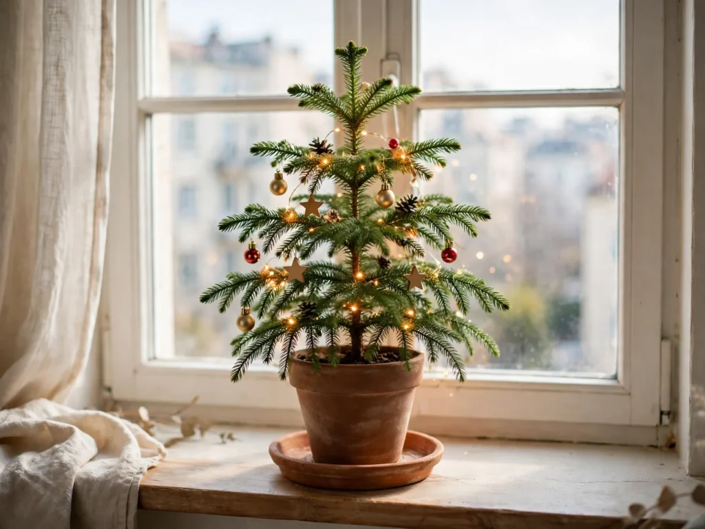 potted norfolk pine christmas tree with tiny lights on a bright apartment windowsill