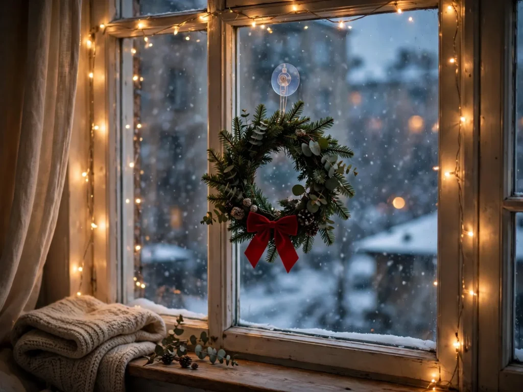 small christmas wreath hanging on an apartment window with a suction cup hook and fairy lights