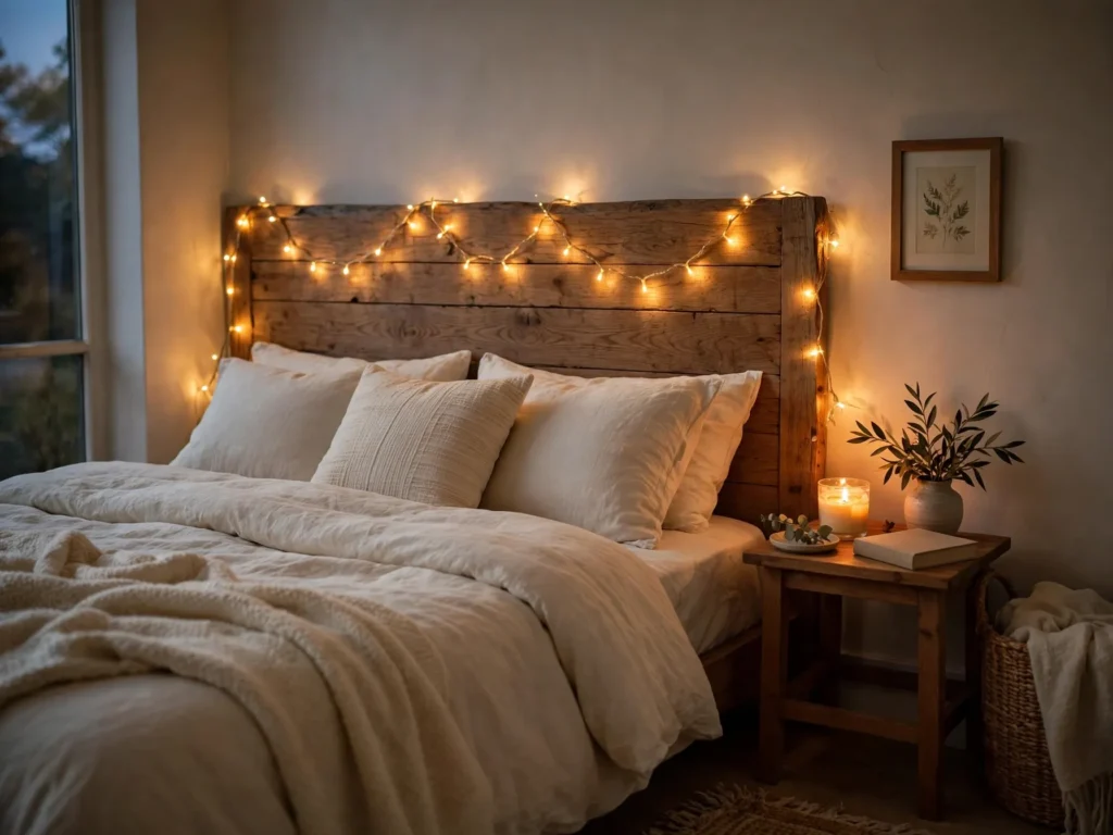 battery fairy lights draped along a headboard with a timer in a cozy rented bedroom