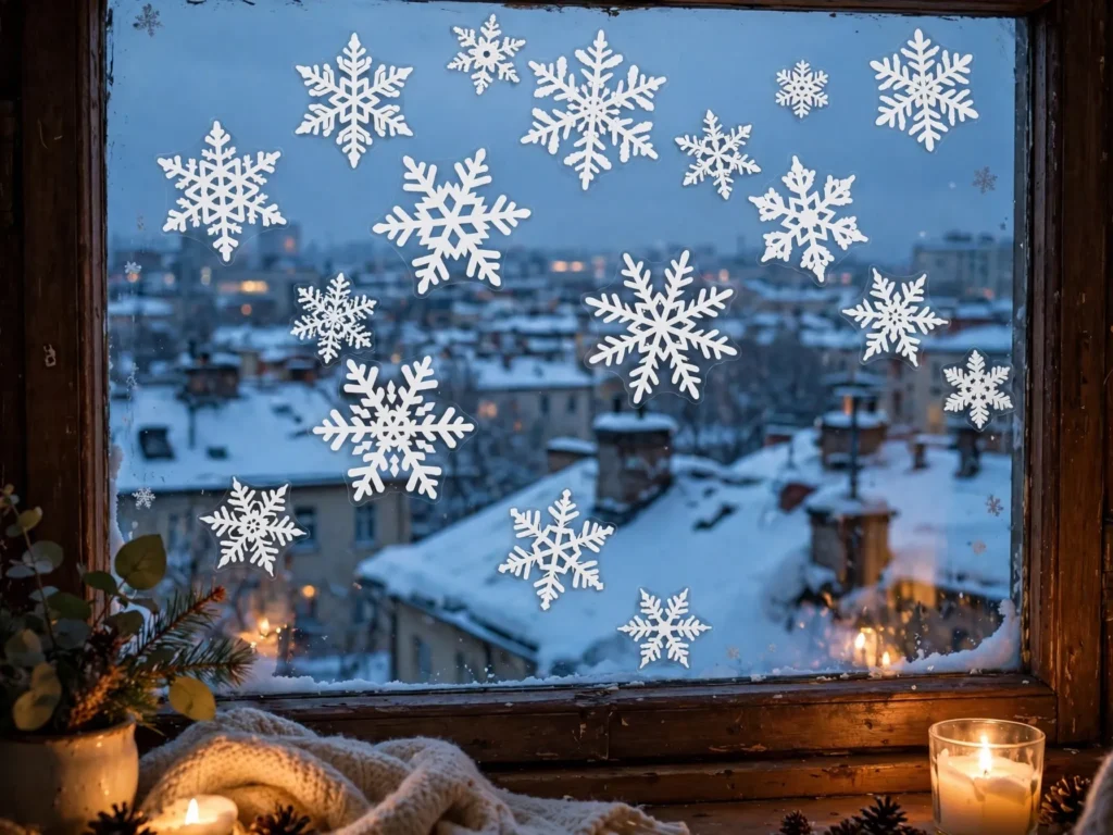 static cling snowflake decals on an apartment window with a view of snowy rooftops