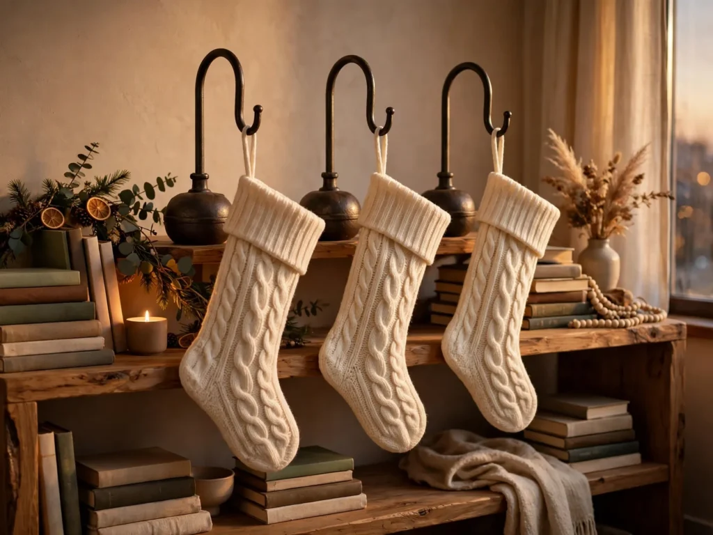christmas stockings hanging from freestanding holders on a bookshelf in a rented apartment