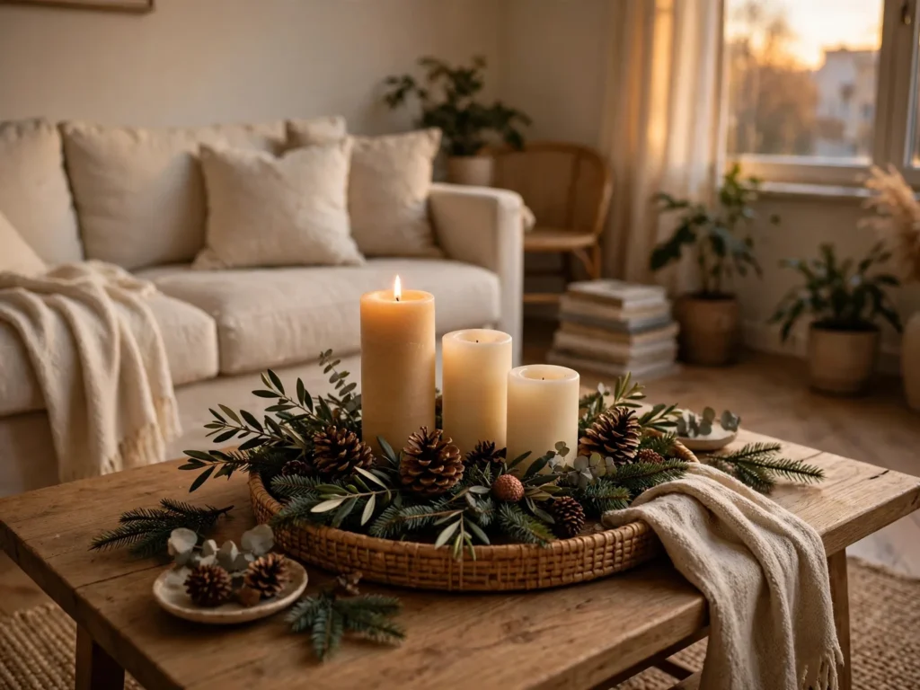 wooden tray with candles pinecones and a small garland styled on a coffee table in a rented apartment