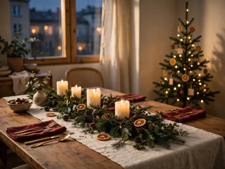 festive christmas dining table with garland candles and burgundy napkins in a cozy apartment
