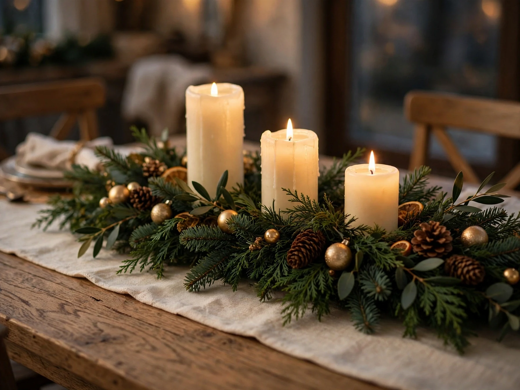 christmas table centerpiece with evergreen garland and glowing pillar candles