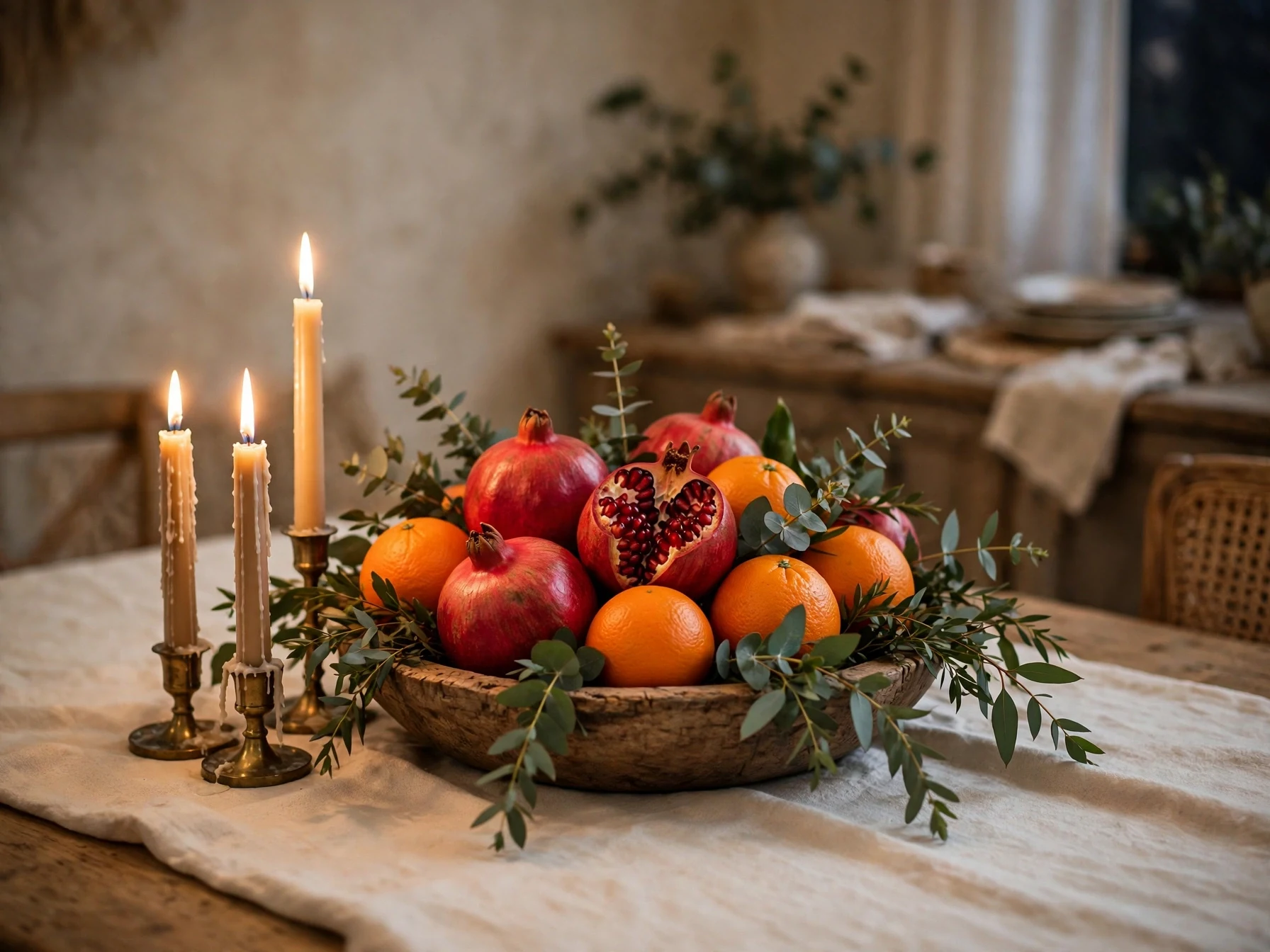 christmas table centerpiece with pomegranates oranges and eucalyptus in a wooden bowl