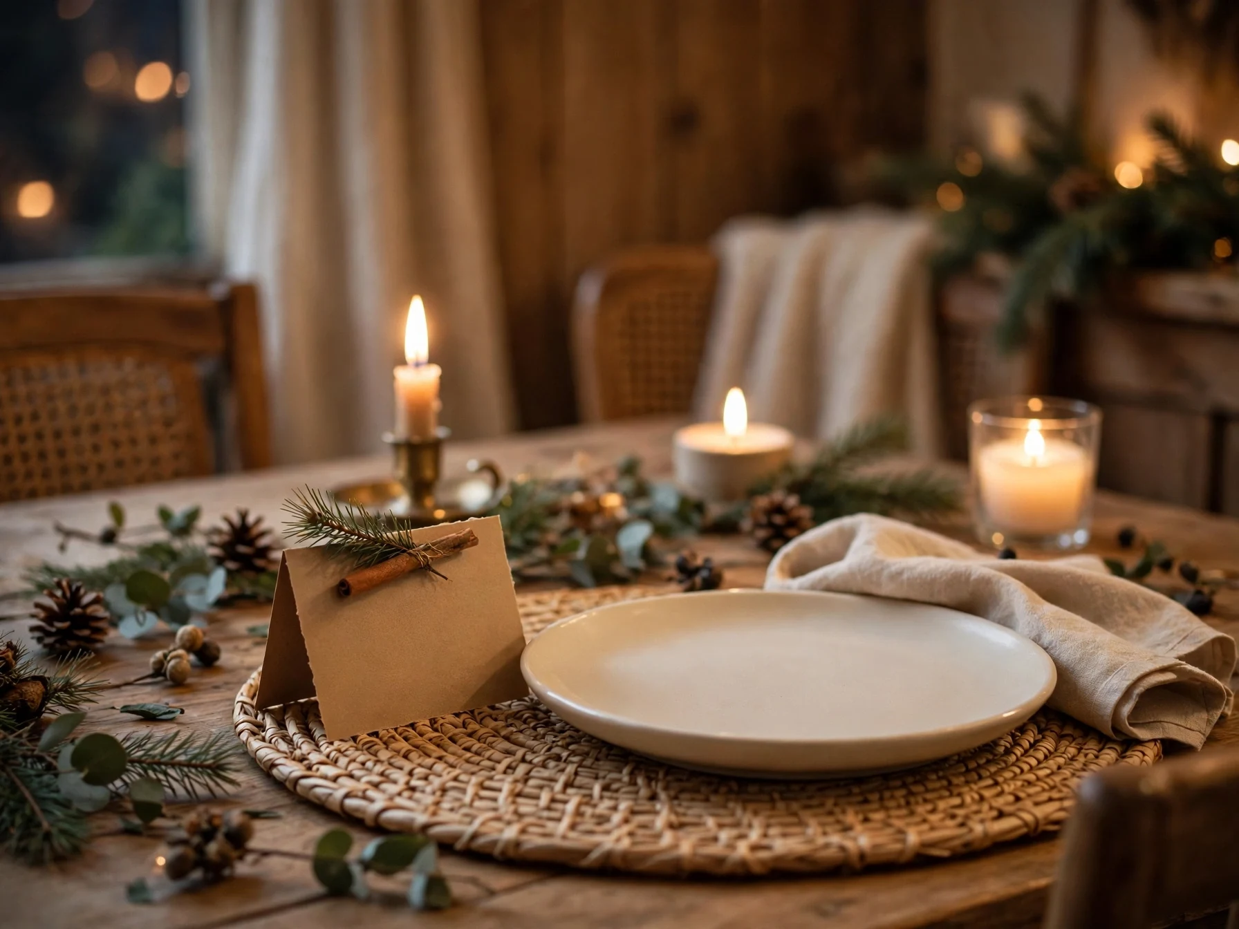 kraft paper place card with pine sprig and cinnamon stick at a christmas table