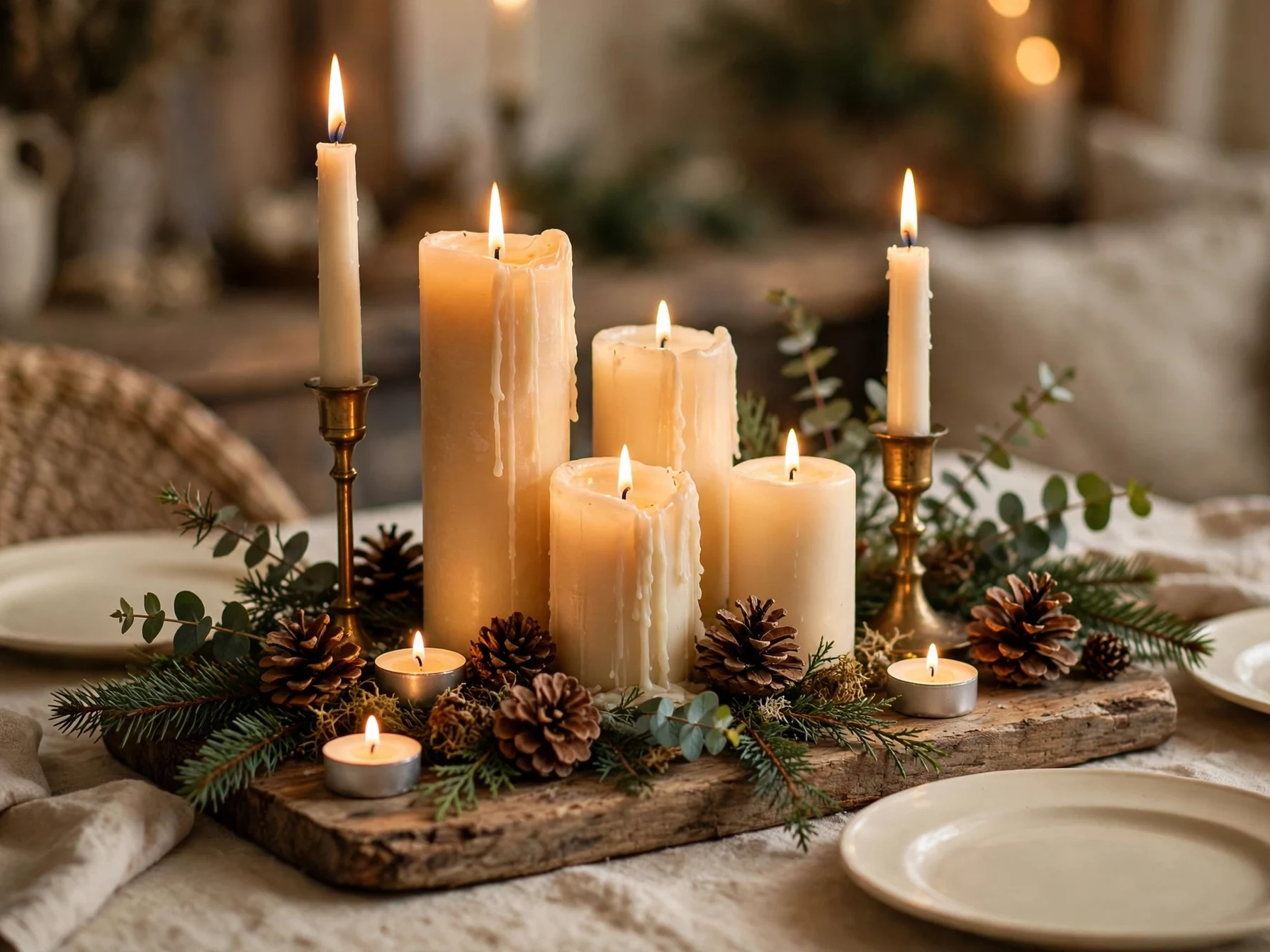 cluster of candles at different heights with pinecones on a christmas table