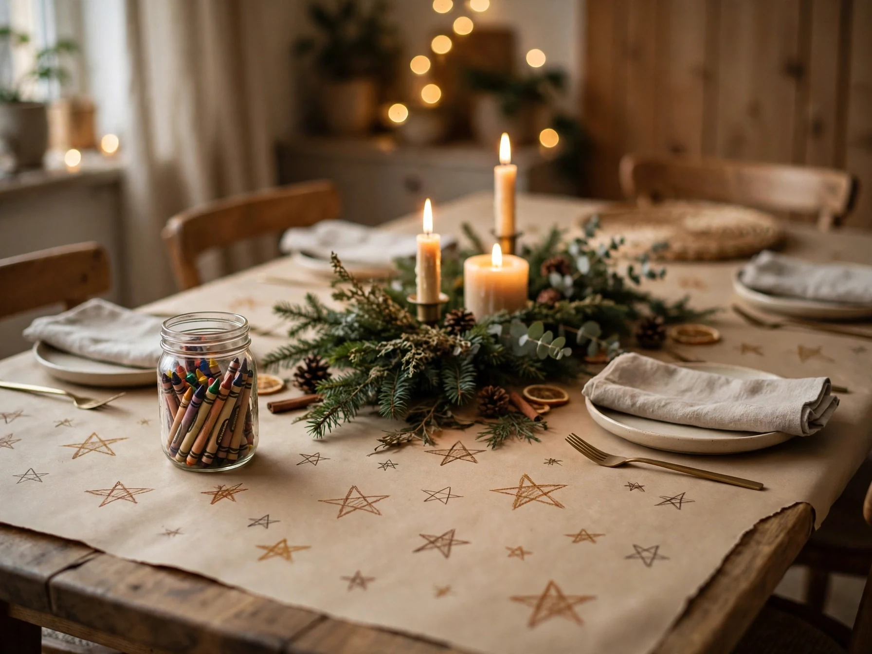 kraft paper table cover with crayons and star doodles at a family christmas table
