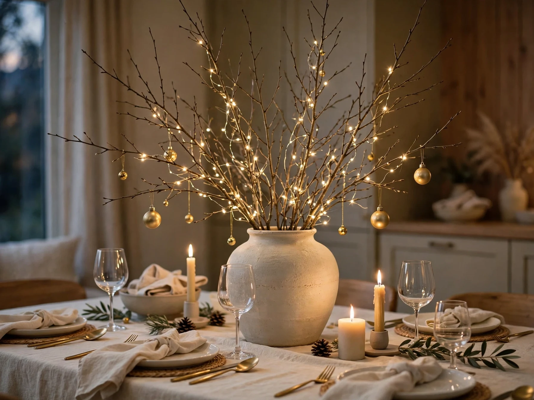 tall bare winter branches with fairy lights in a vase on a christmas table