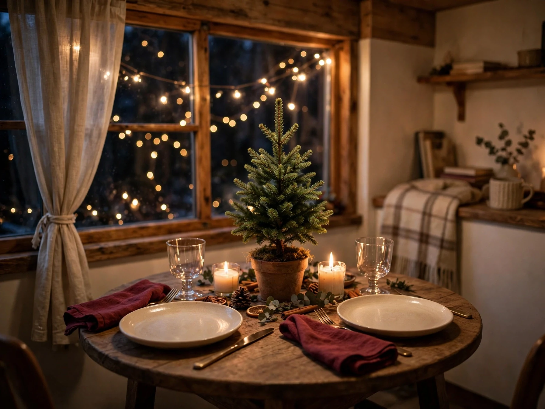 small round christmas table set for two with a mini tree and candles