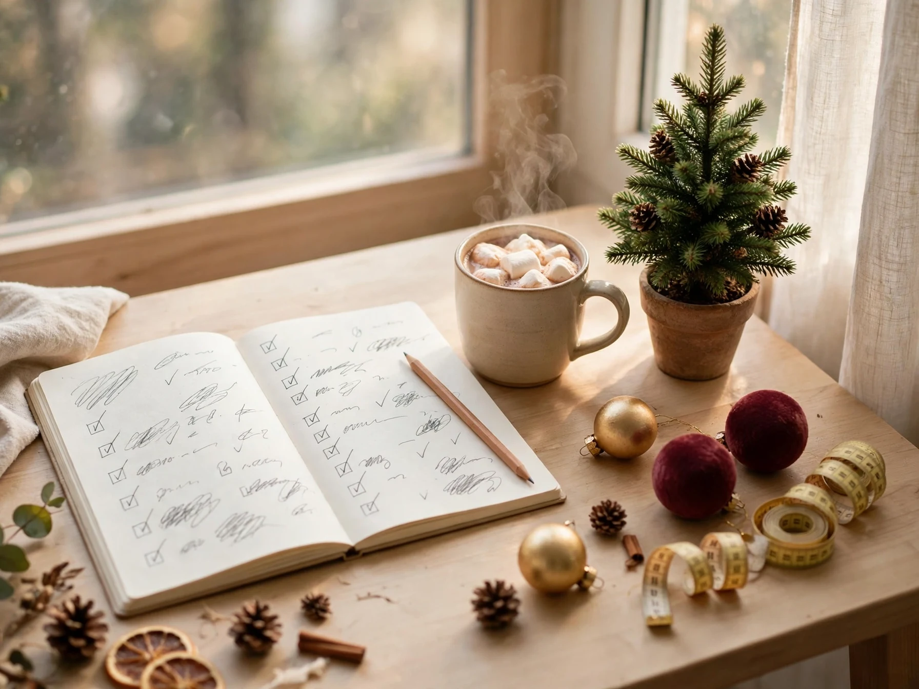 planning christmas home decor checklist with notebook cocoa and mini tree on desk