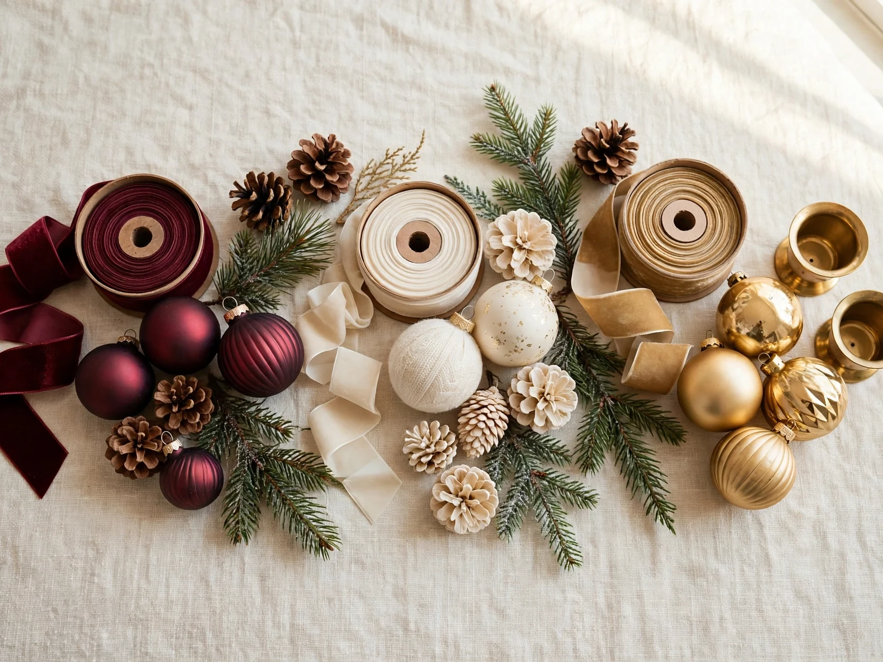 christmas home decor color palette burgundy gold and cream ornaments and ribbon flat lay