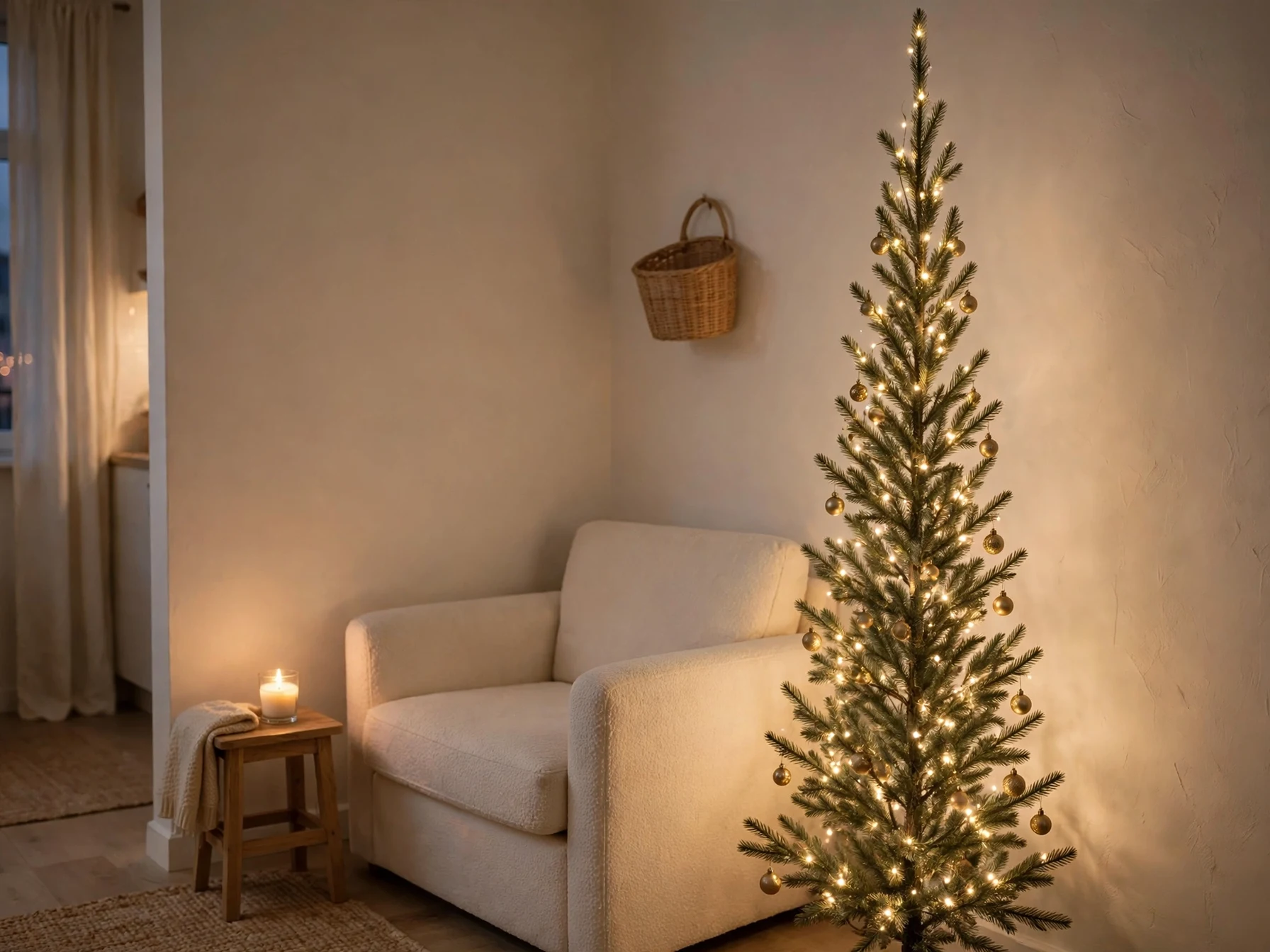 slim pencil christmas tree in small apartment living room corner