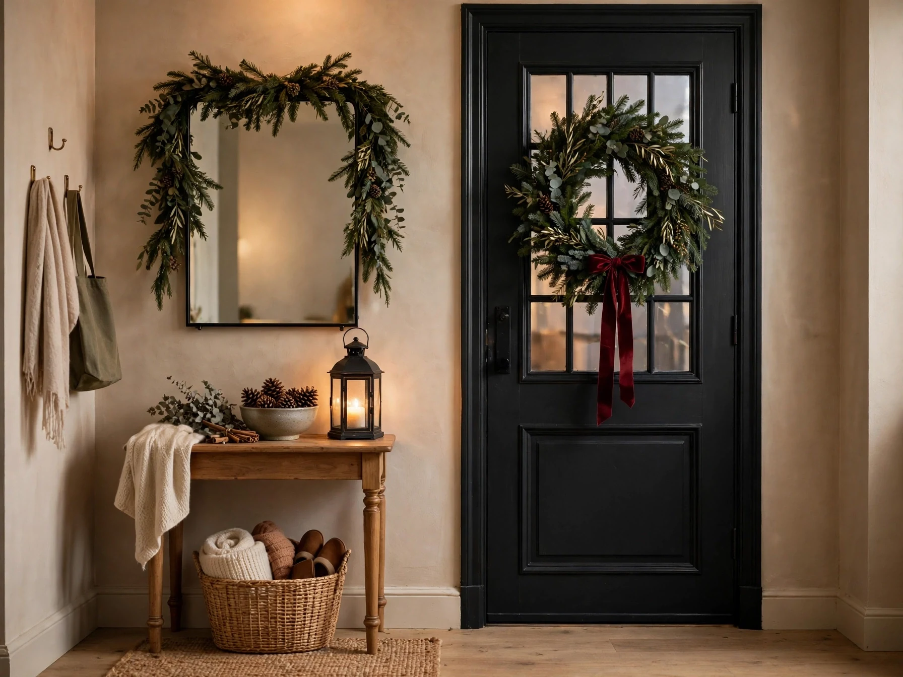 christmas entryway with evergreen wreath on front door and garland on mirror