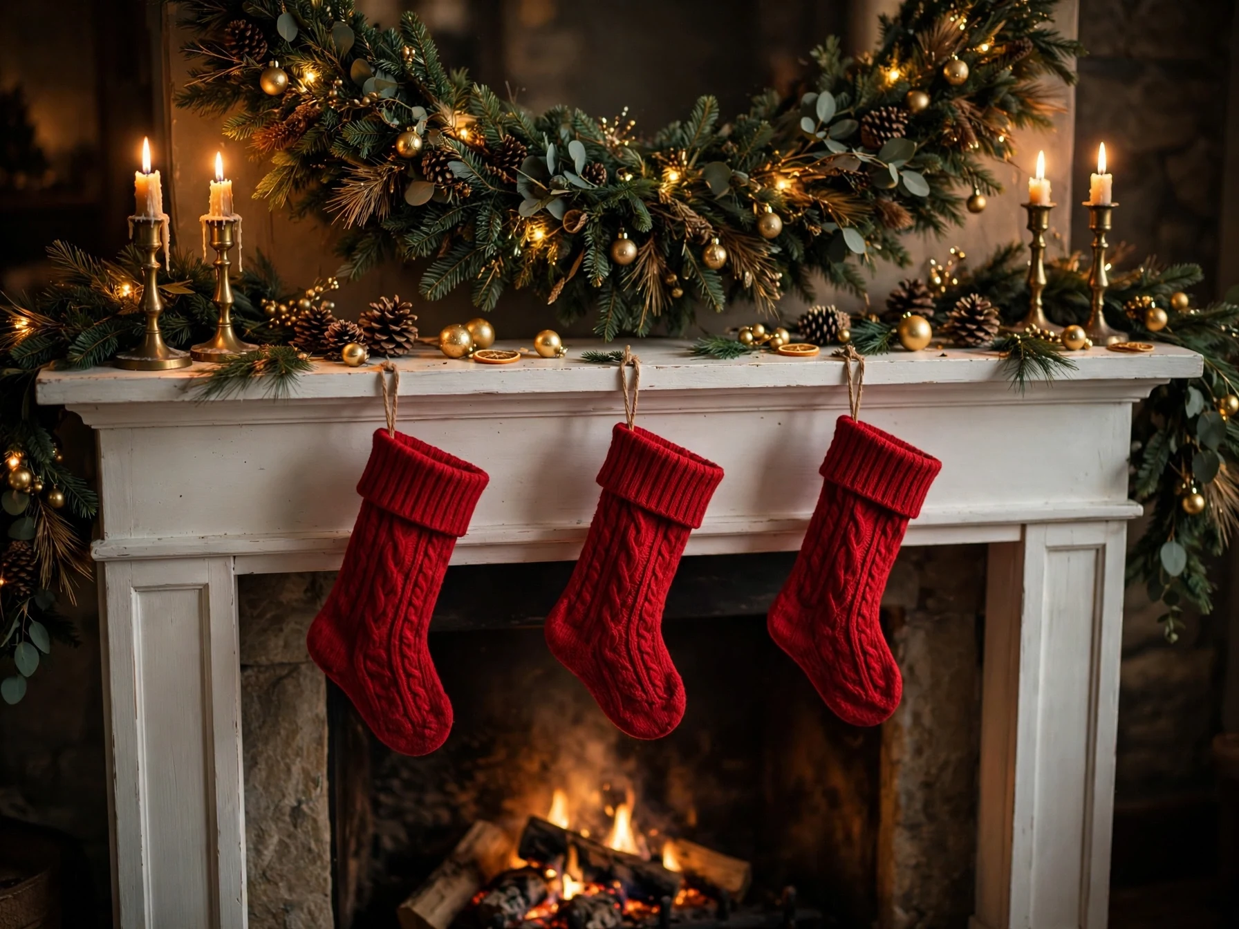 christmas mantel decor with evergreen garland red stockings and candles