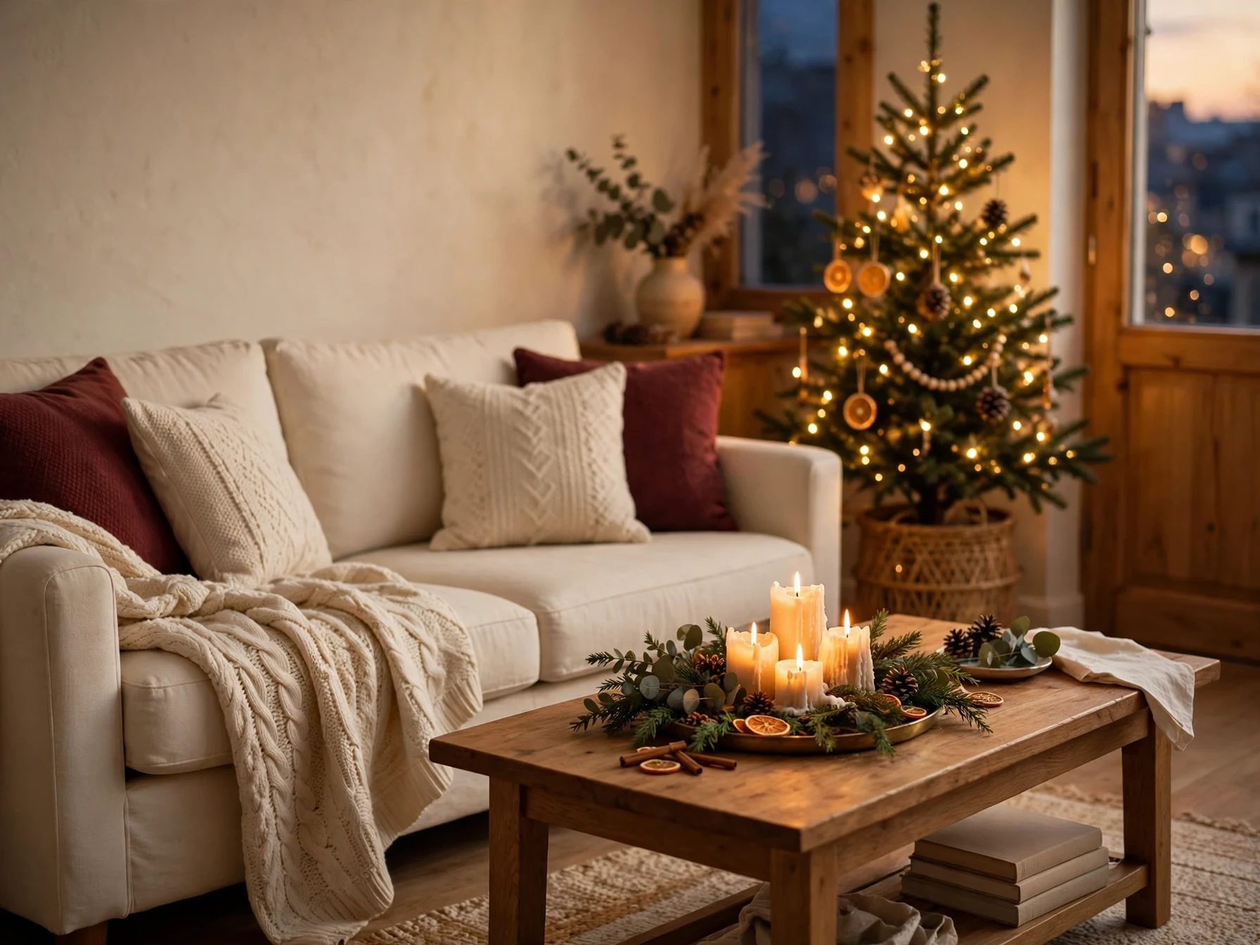 cozy christmas living room sofa with burgundy pillows throw and small tree