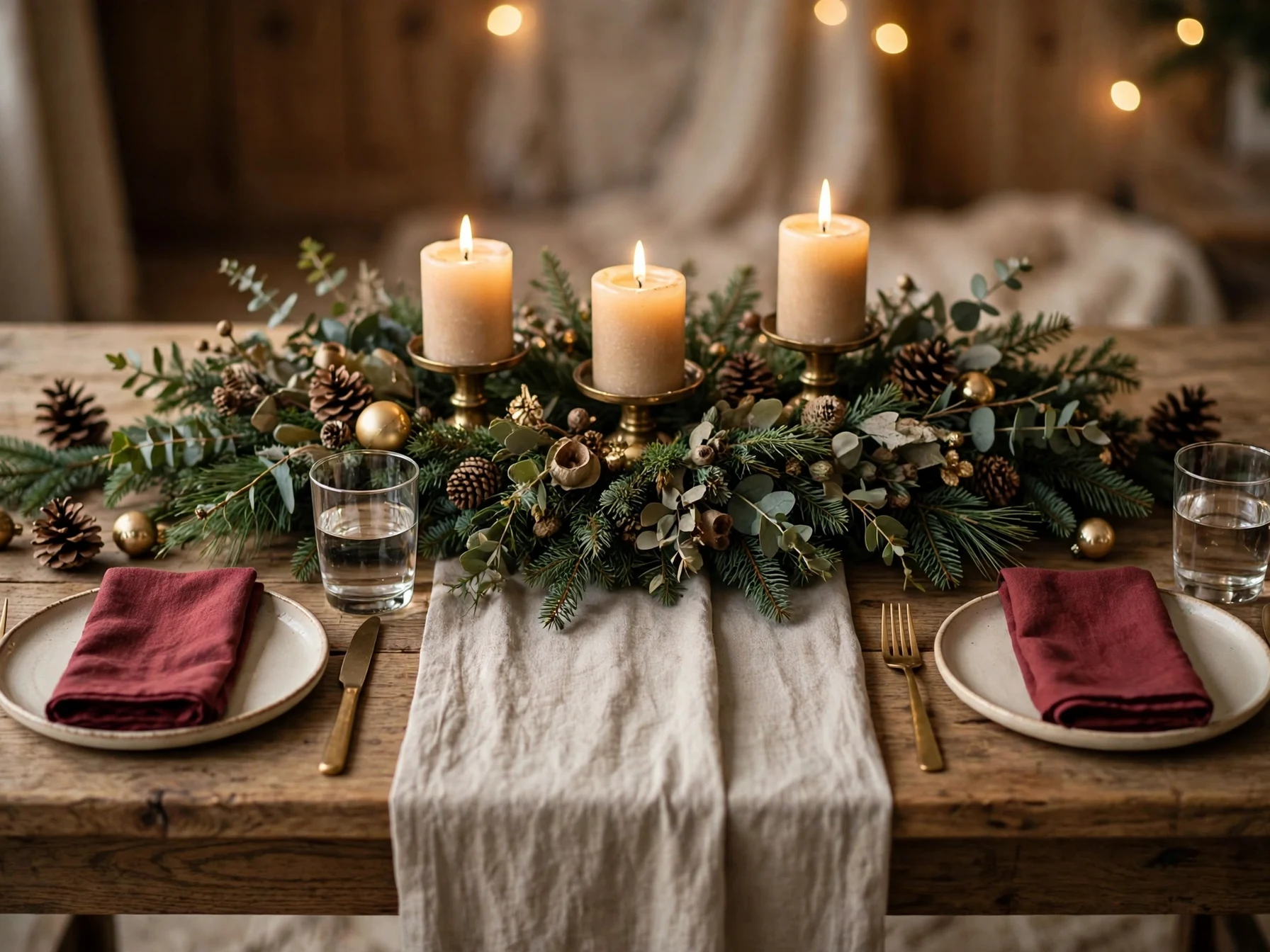 christmas dining table centerpiece with candles greenery and burgundy napkins