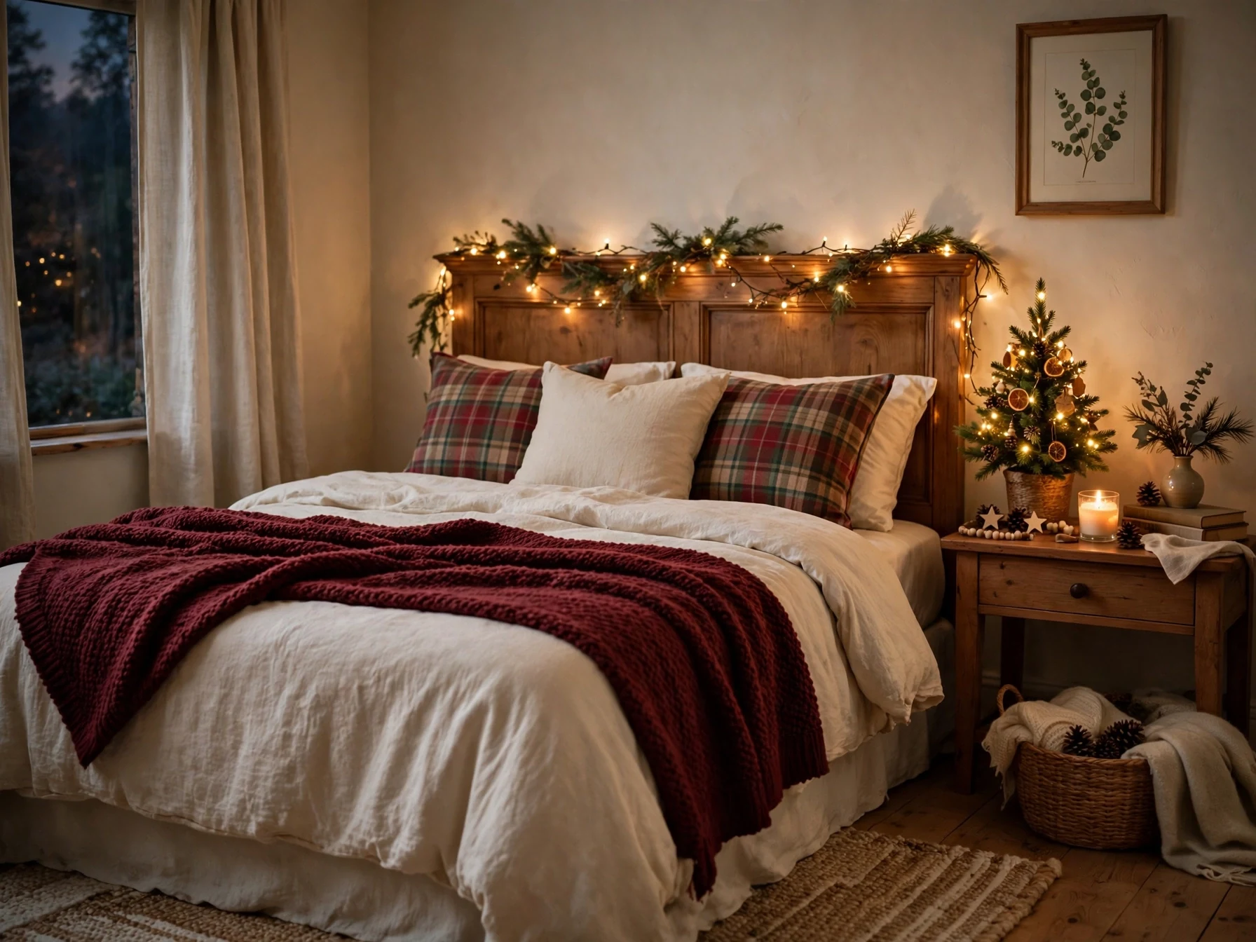 cozy christmas bedroom with fairy lights plaid pillows and small tree