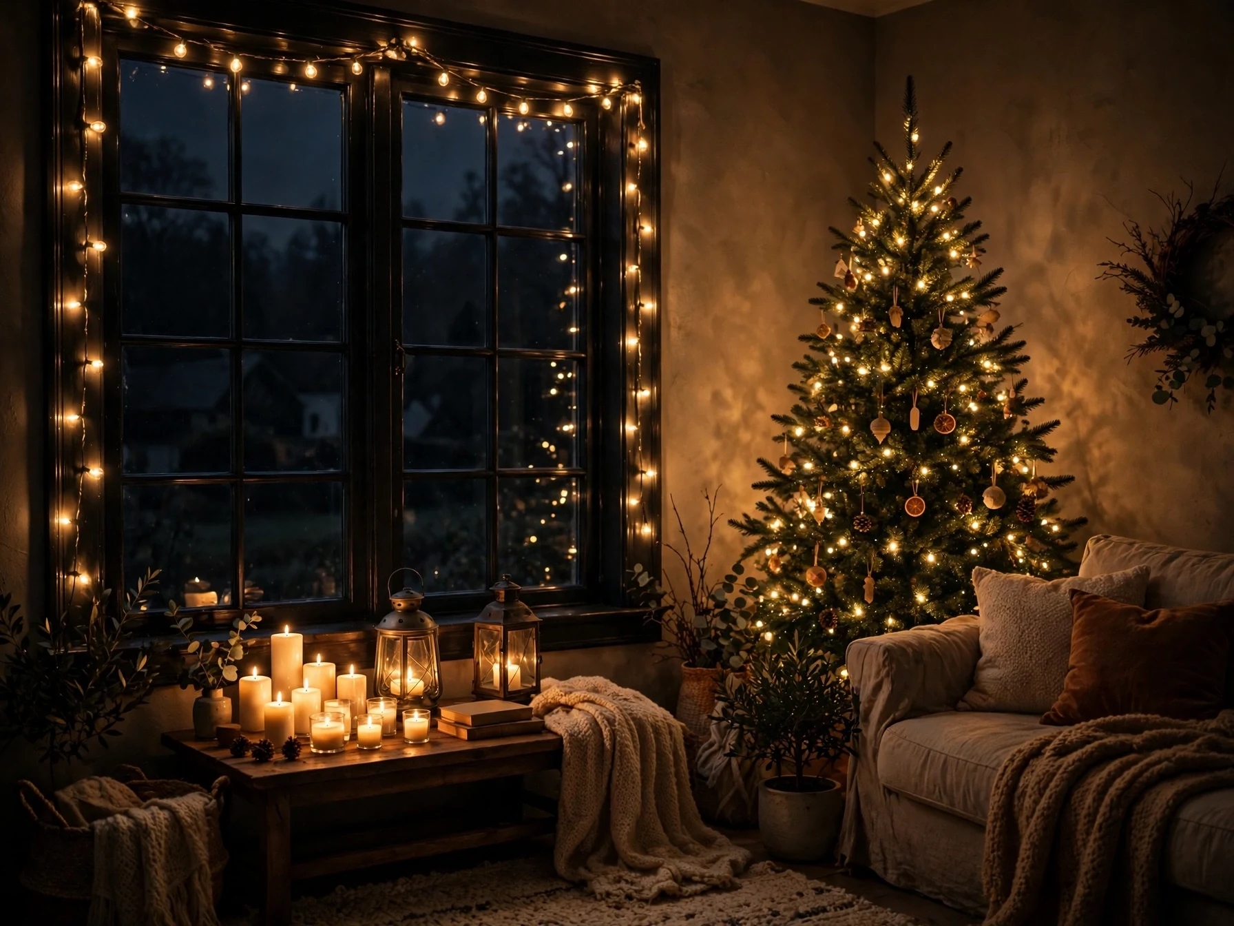warm christmas lighting string lights candles and glowing tree in dark living room