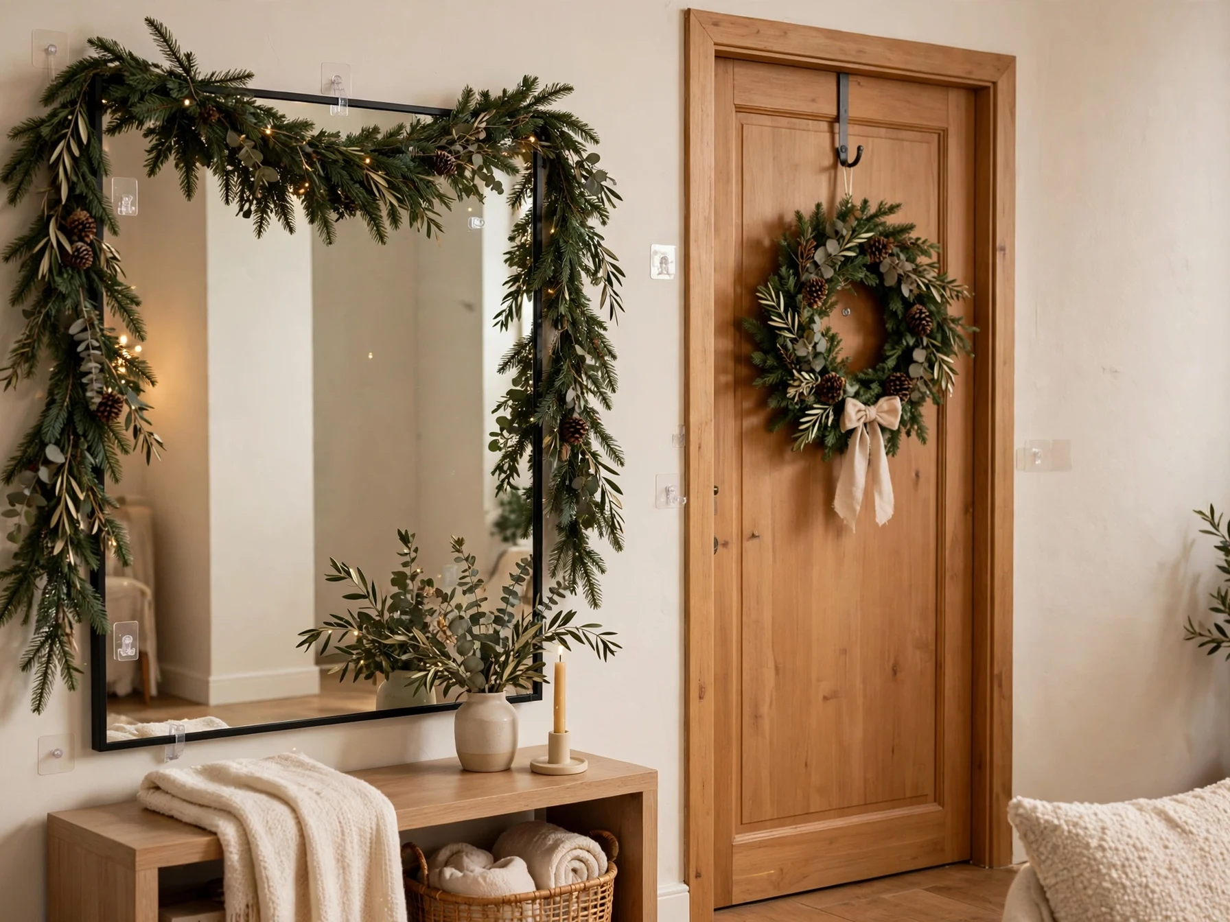 renter friendly christmas garland on mirror and wreath on door with removable hooks