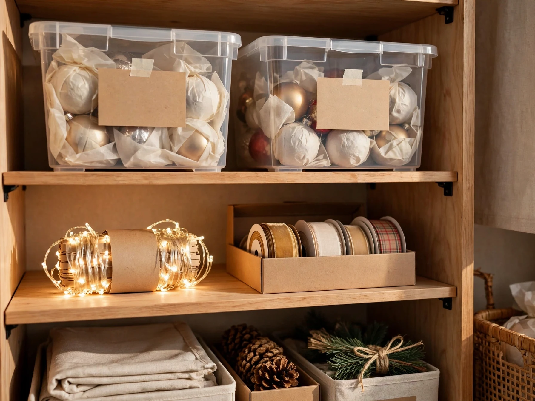 labeled christmas decoration storage bins on organized closet shelves