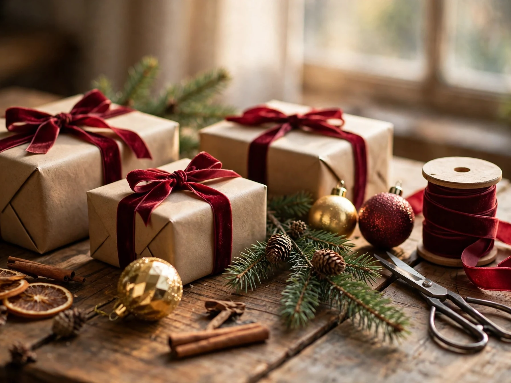 christmas gifts wrapped in kraft paper with burgundy ribbon and ornaments
