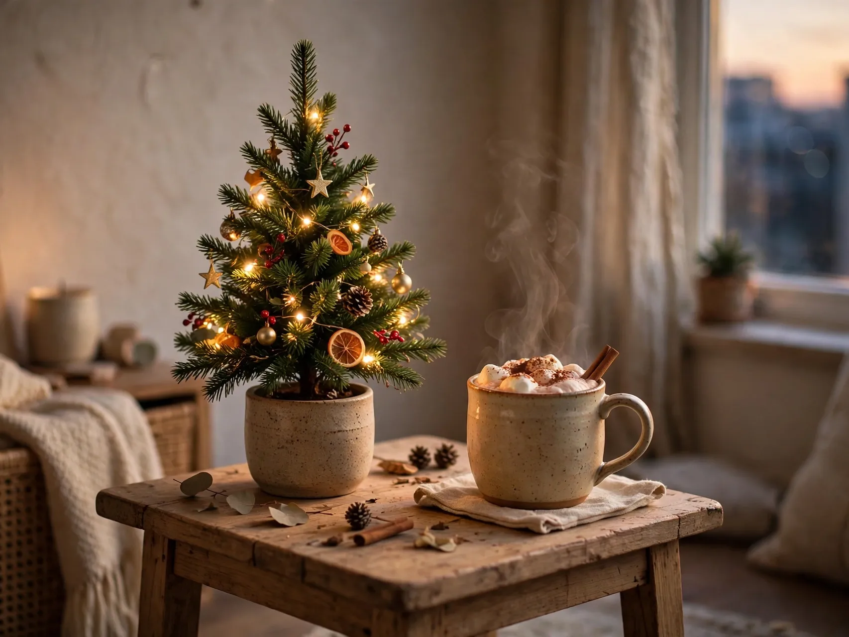 tiny tabletop christmas tree in a ceramic pot with cocoa mug