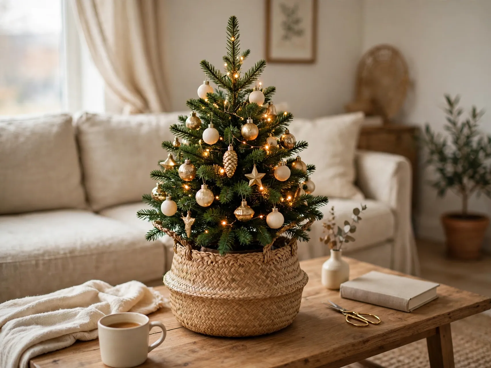 small christmas tree in a woven basket on a coffee table