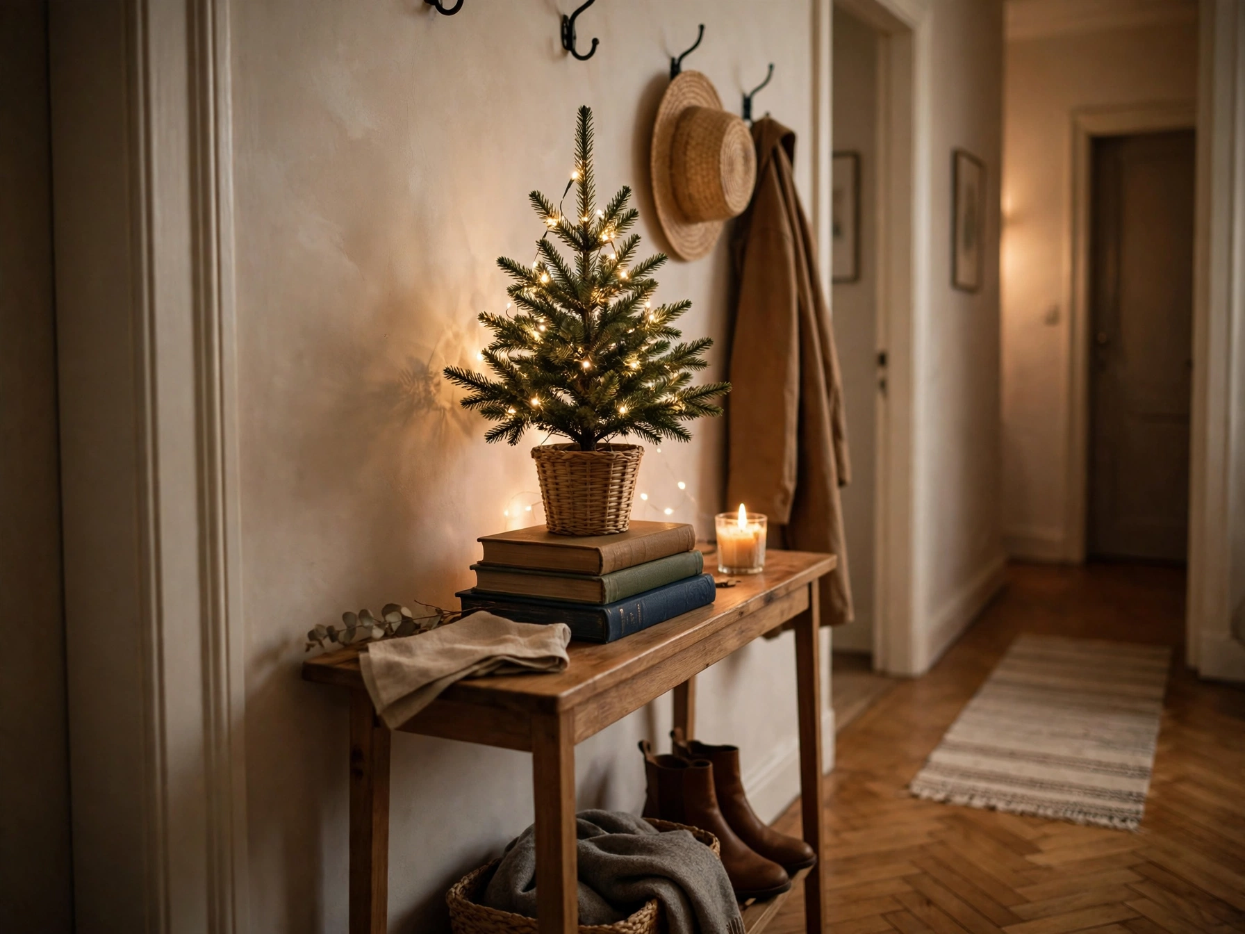 small christmas tree on a stack of books on an entryway console