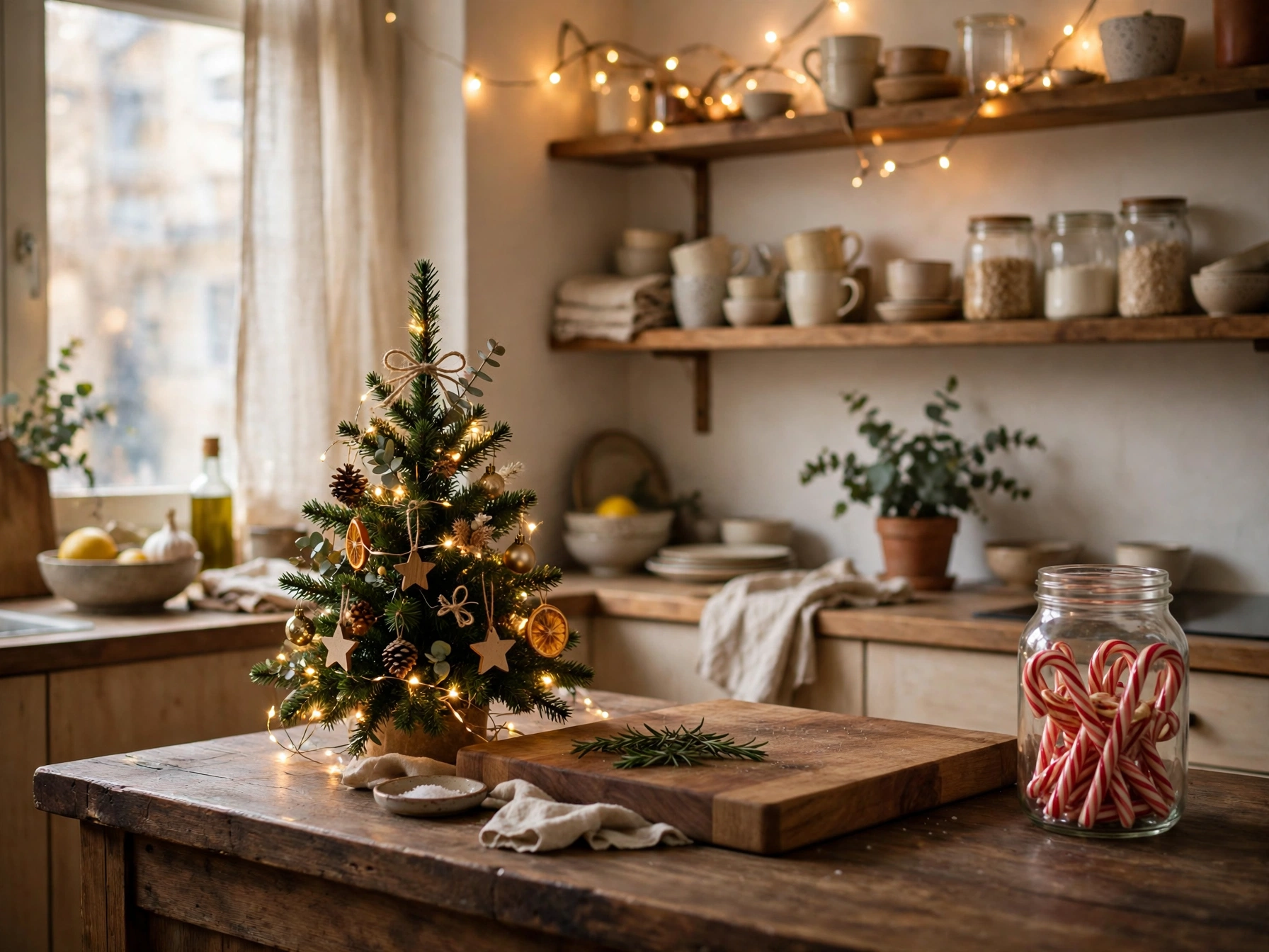 mini christmas tree on a kitchen counter with candy canes