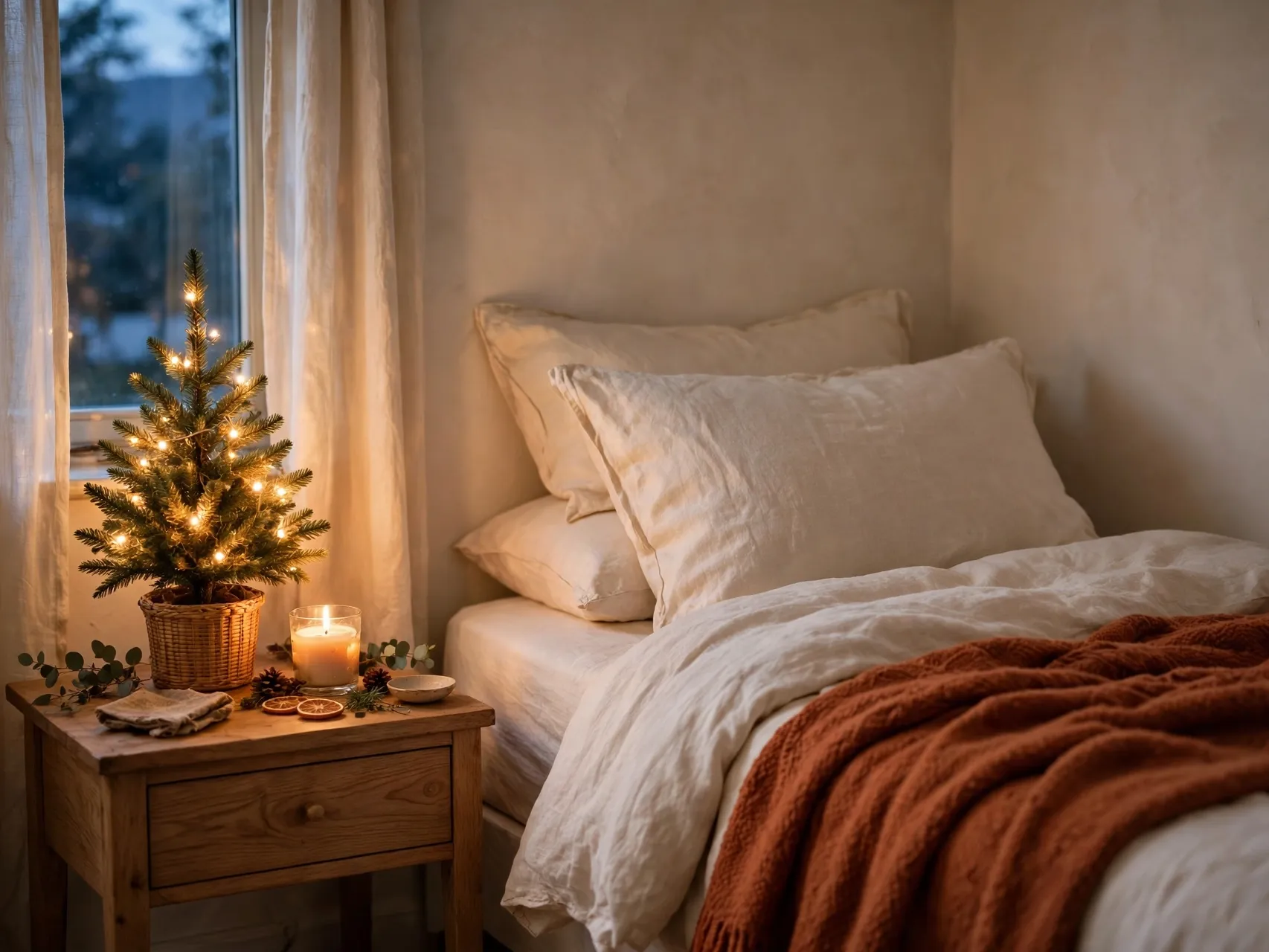 mini christmas tree on a bedroom nightstand with warm lights