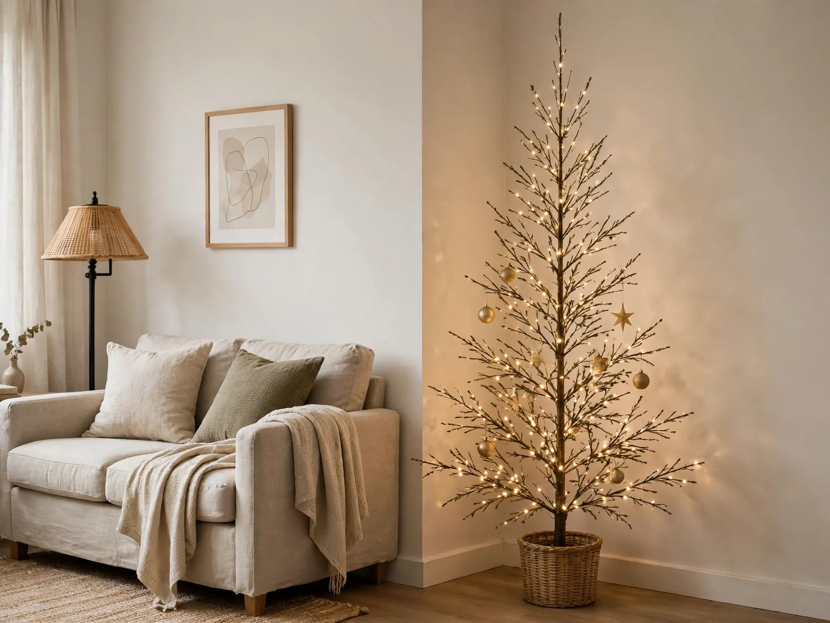 slim pencil christmas tree in the corner of a small living room
