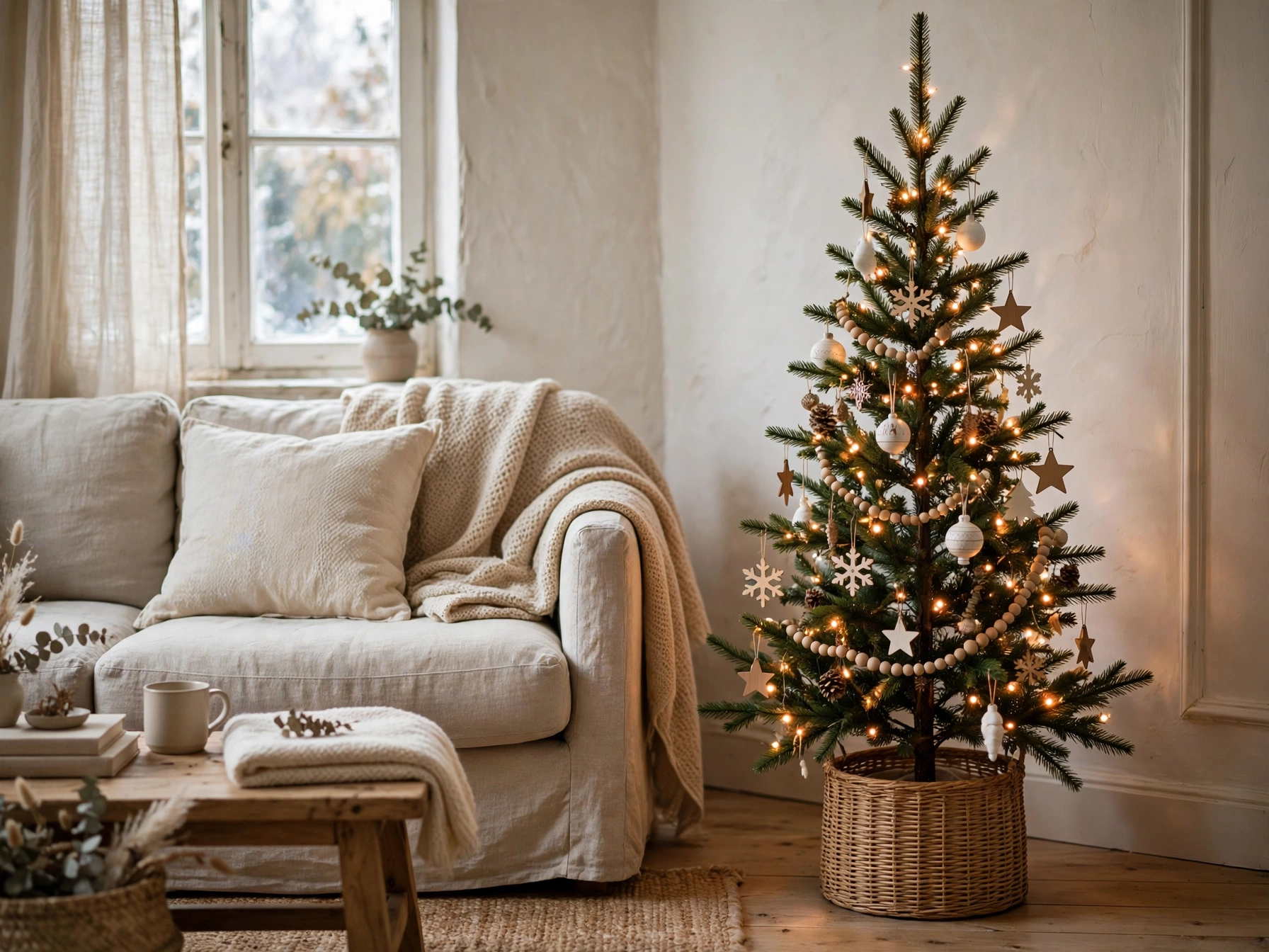 slim pencil christmas tree in a woven basket beside a sofa
