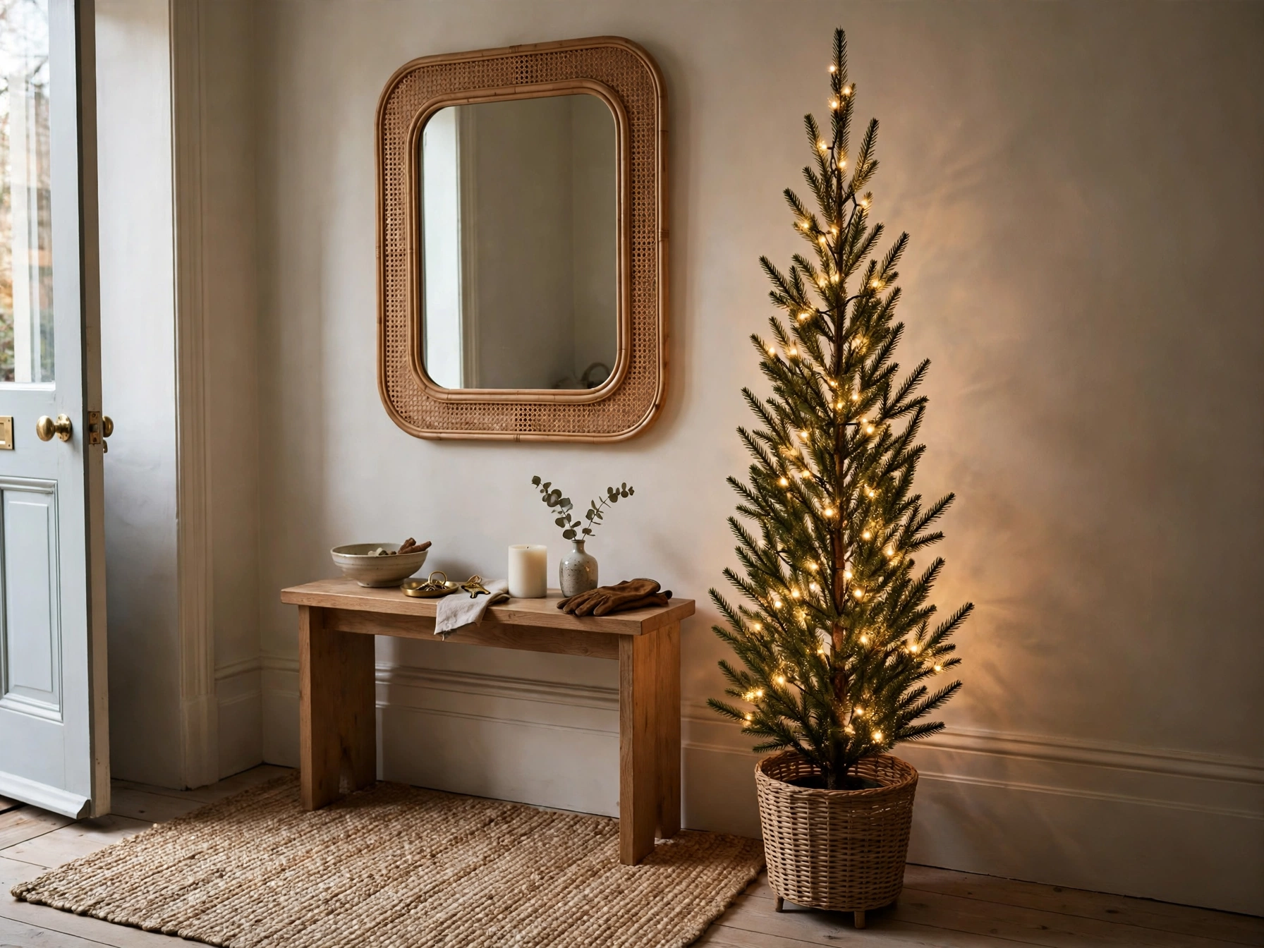 slim pencil christmas tree in a small apartment entryway
