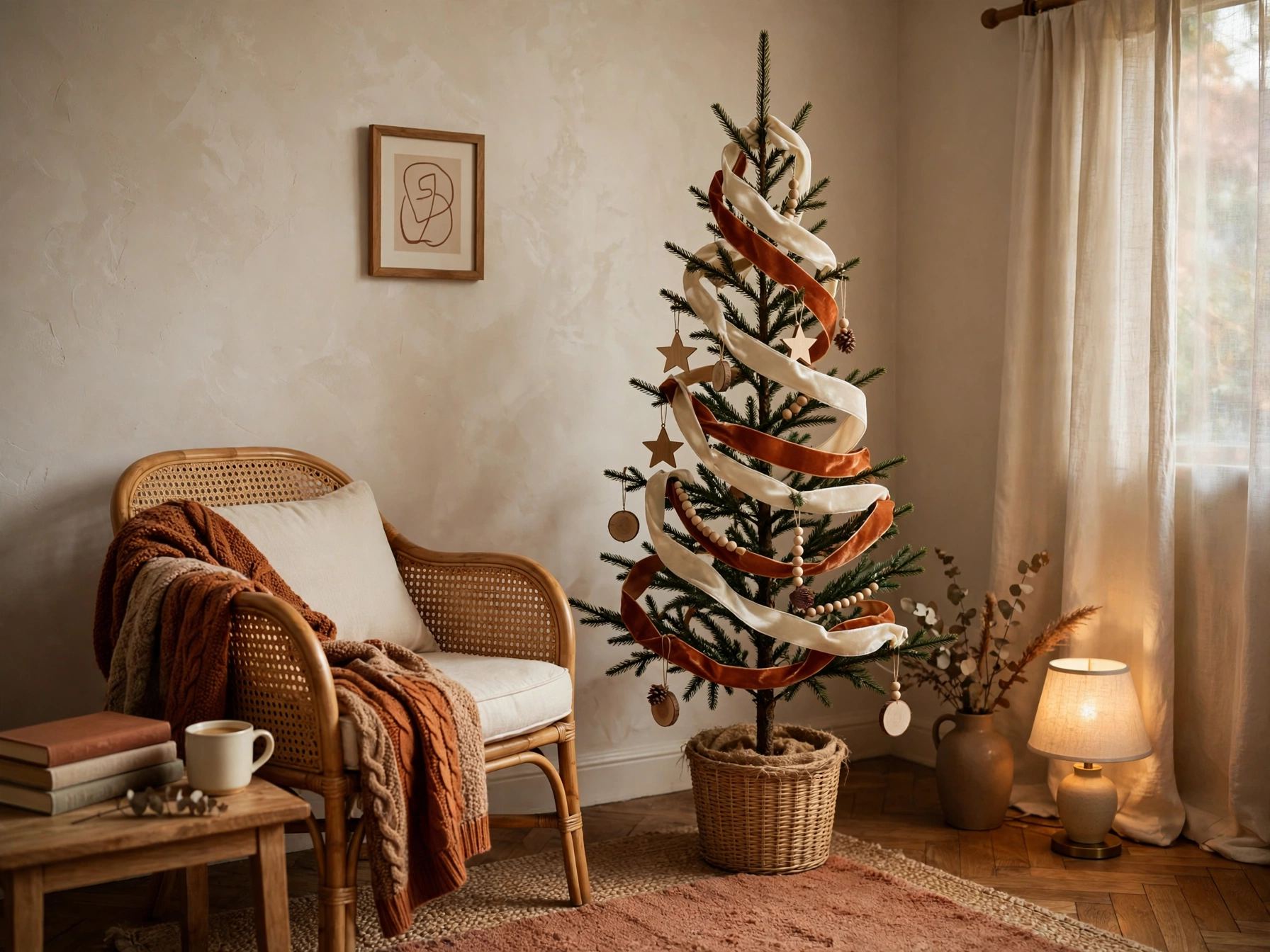 pencil christmas tree wrapped in velvet ribbon garland