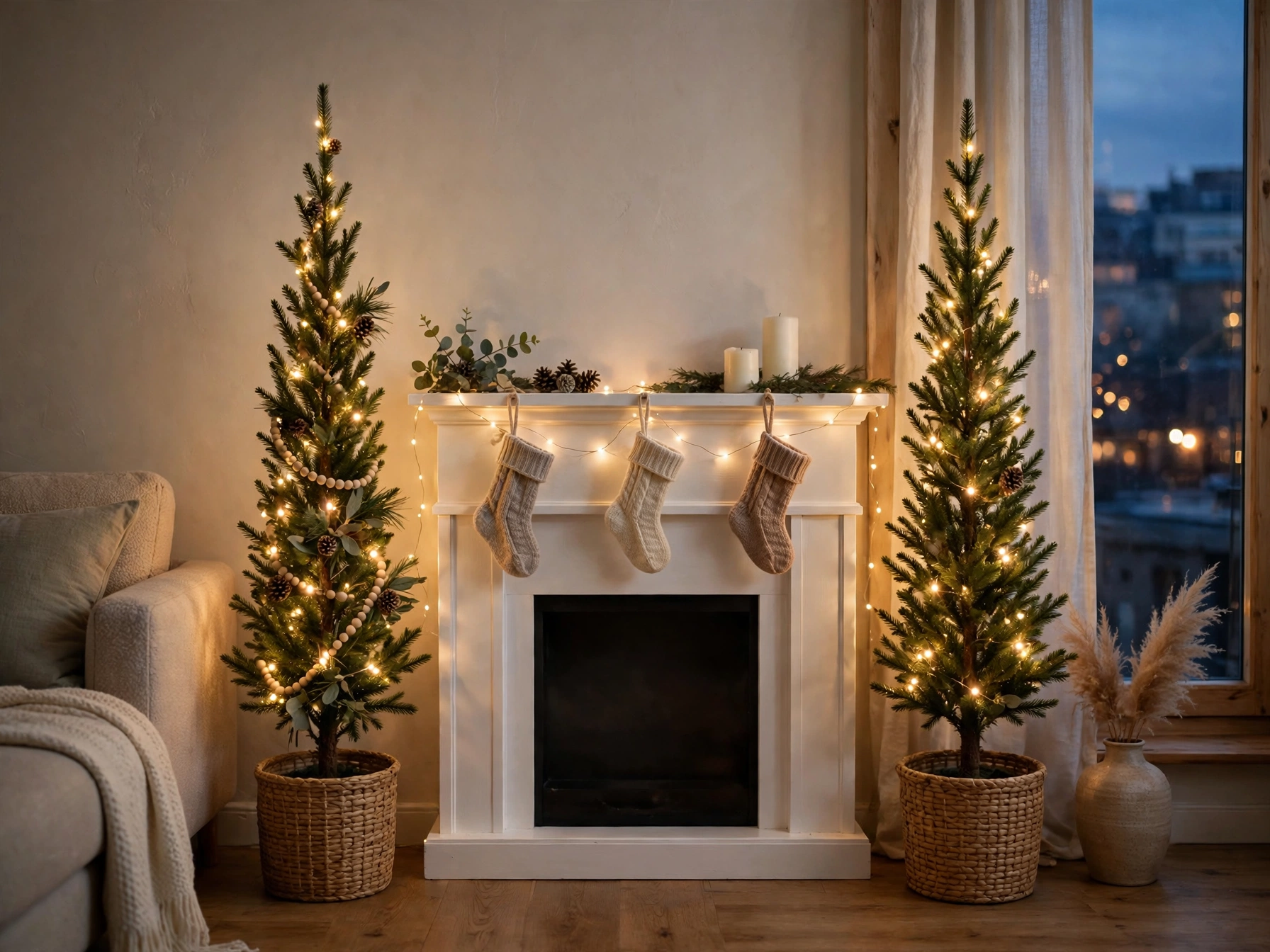 two slim christmas trees flanking a fireplace mantel