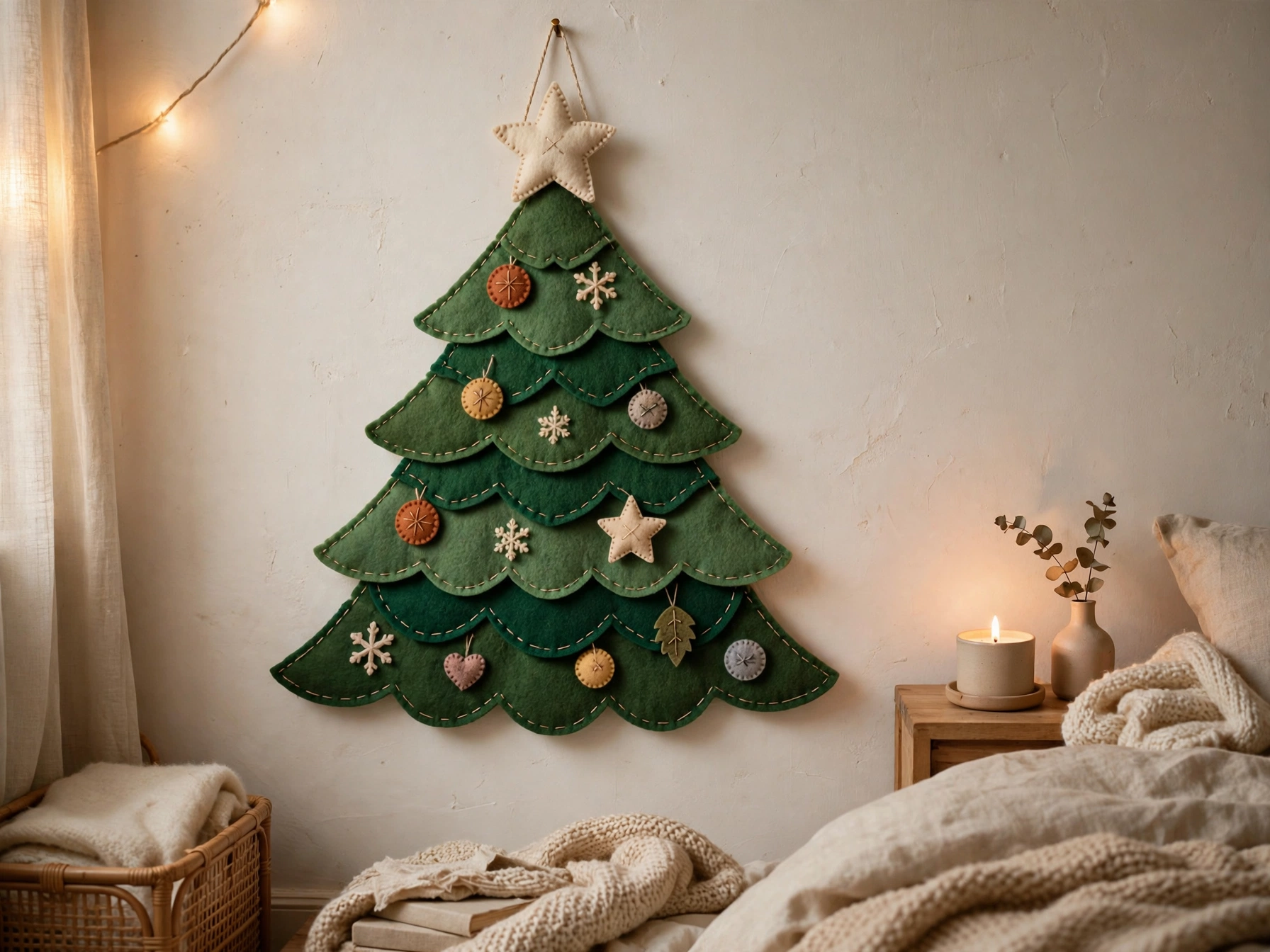 felt christmas tree hanging on a bedroom wall
