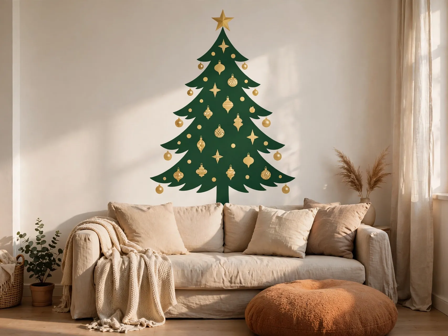 removable christmas tree wall decal above a sofa