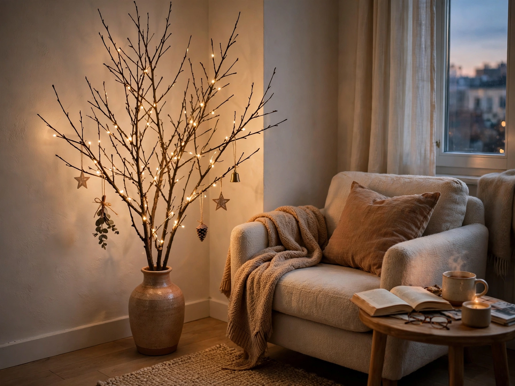 bare branch christmas tree in a vase with fairy lights
