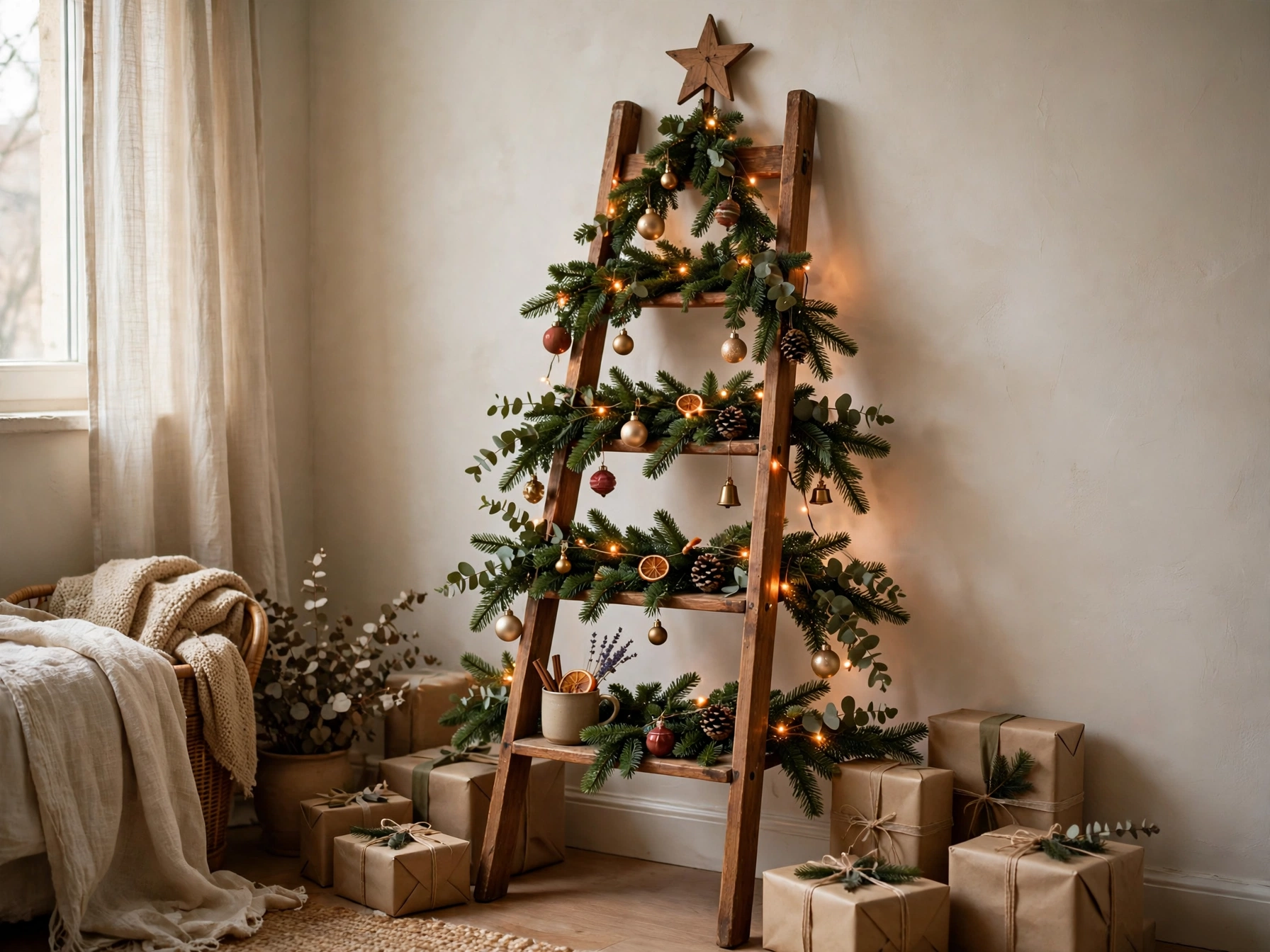 wooden ladder shelf styled as a christmas tree with lights