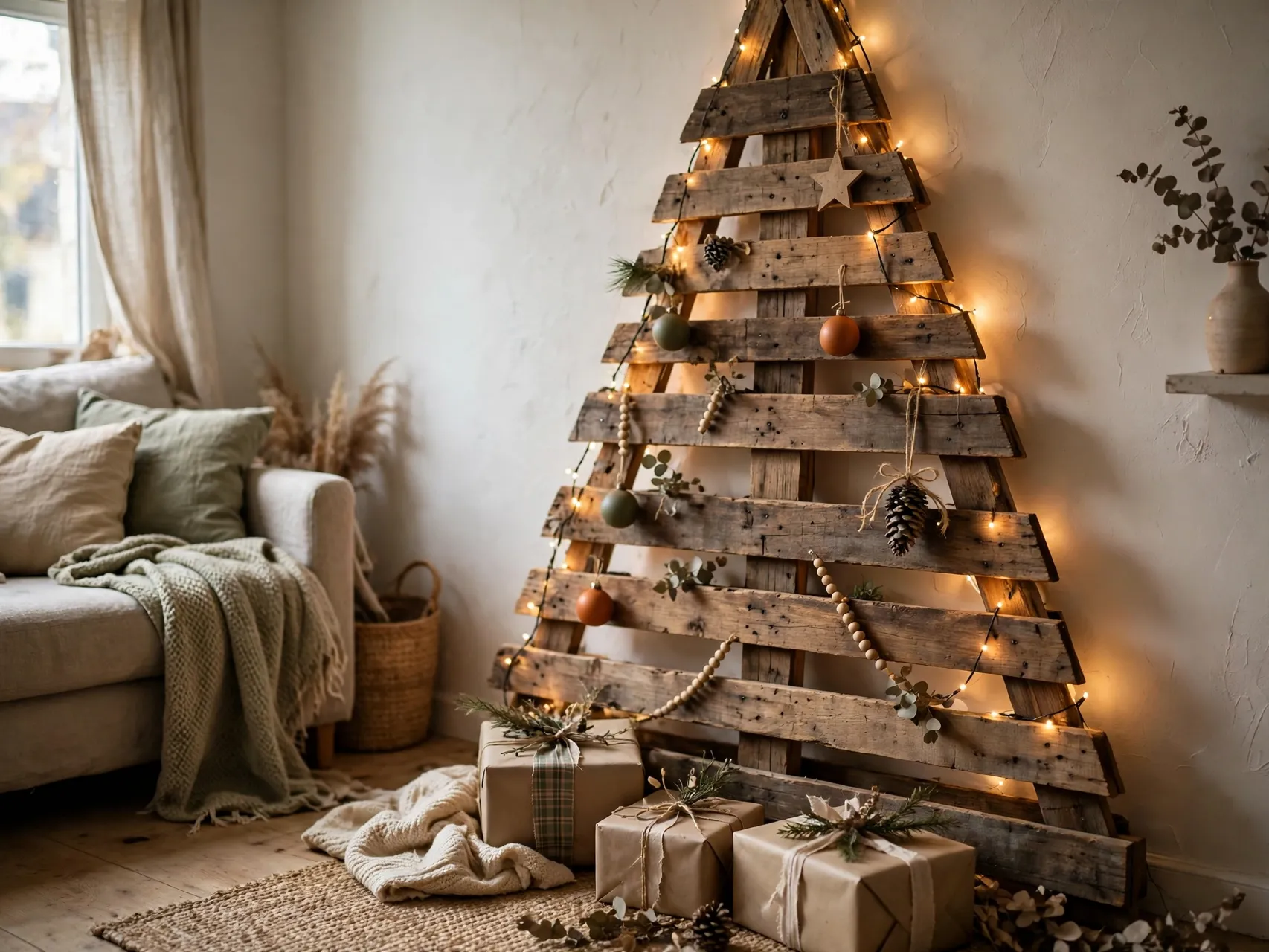 christmas tree made from reclaimed pallet slats with lights