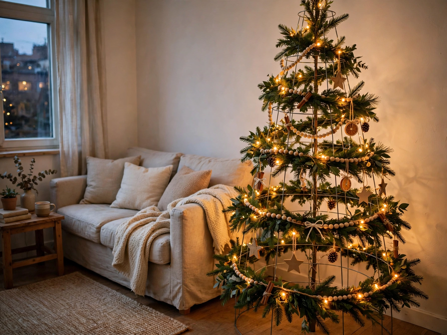 tomato cage christmas tree wrapped in garland and lights