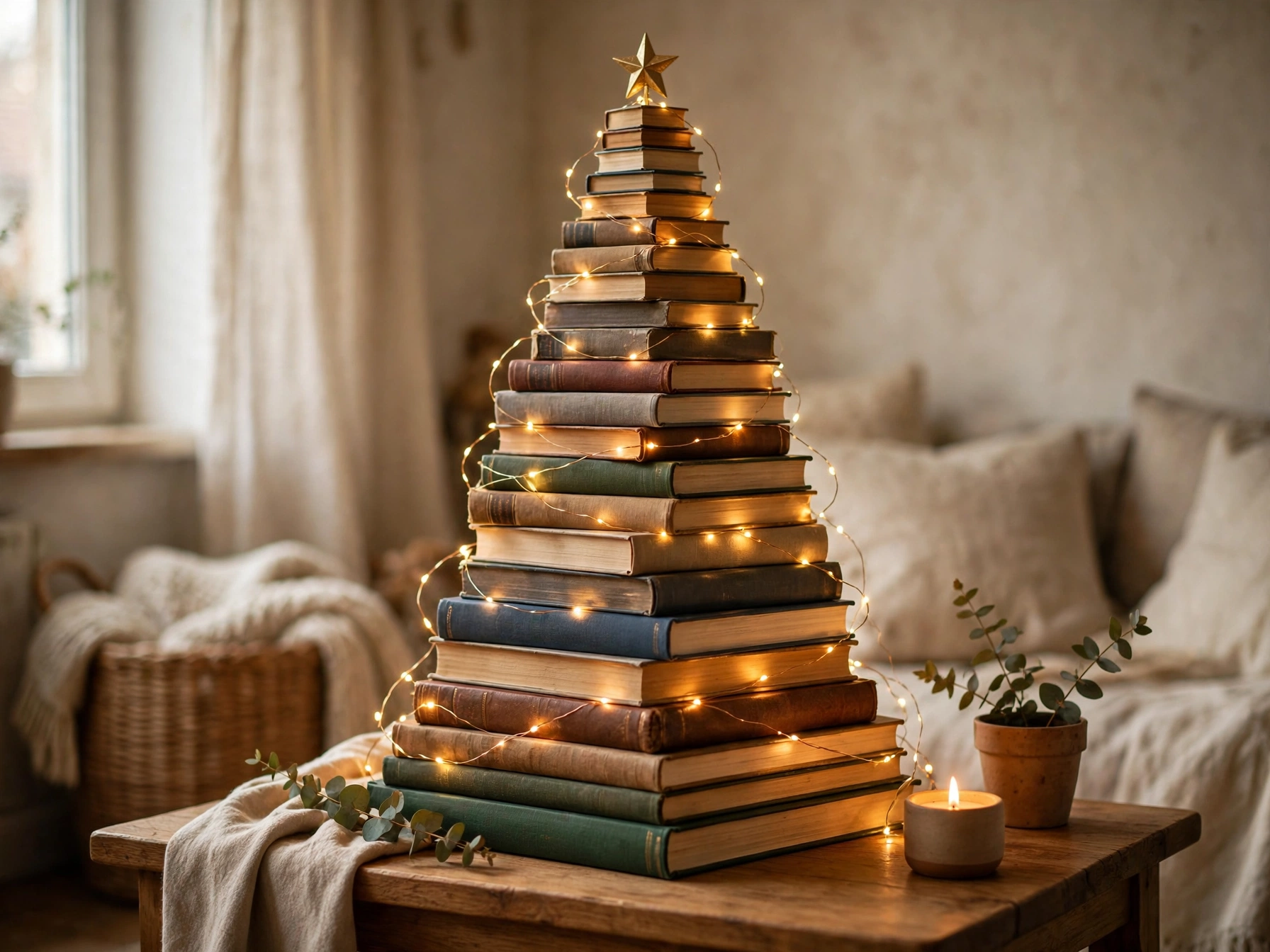 christmas tree built from a stack of hardcover books with lights