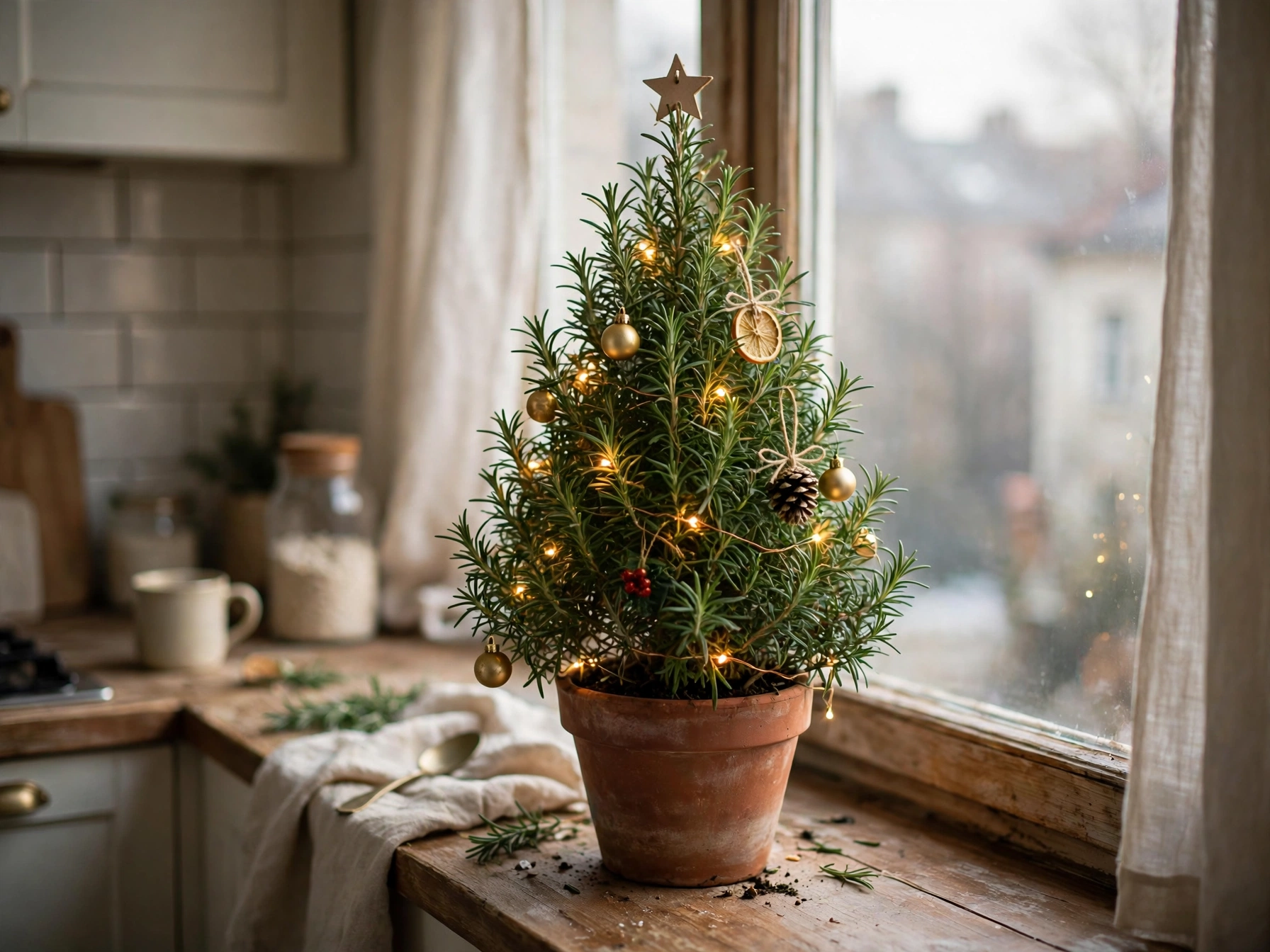 potted rosemary christmas tree on a kitchen windowsill
